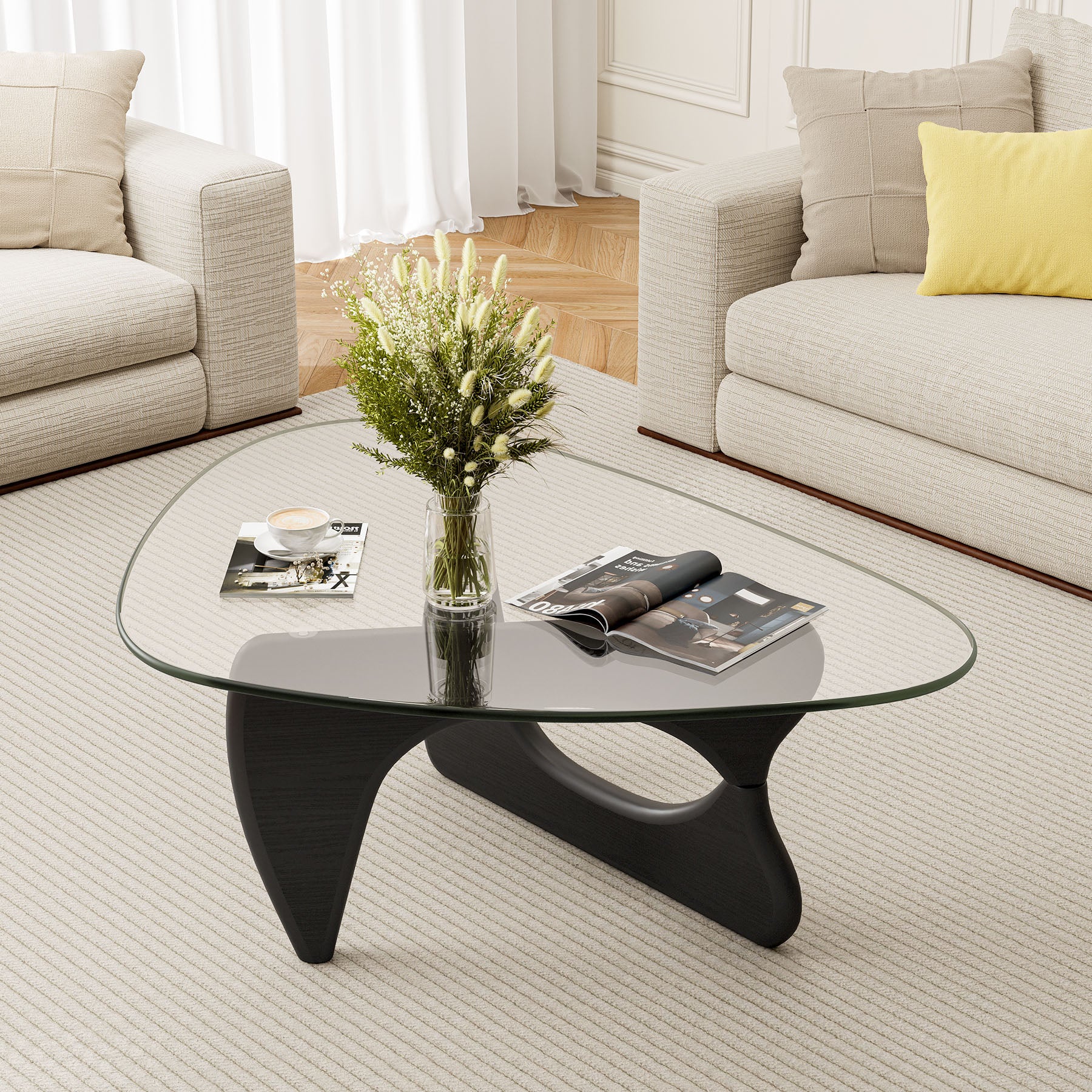 Cottinch Glass Coffee Table for Living Room, Morden Coffee Table with Glass Top and Wood Base