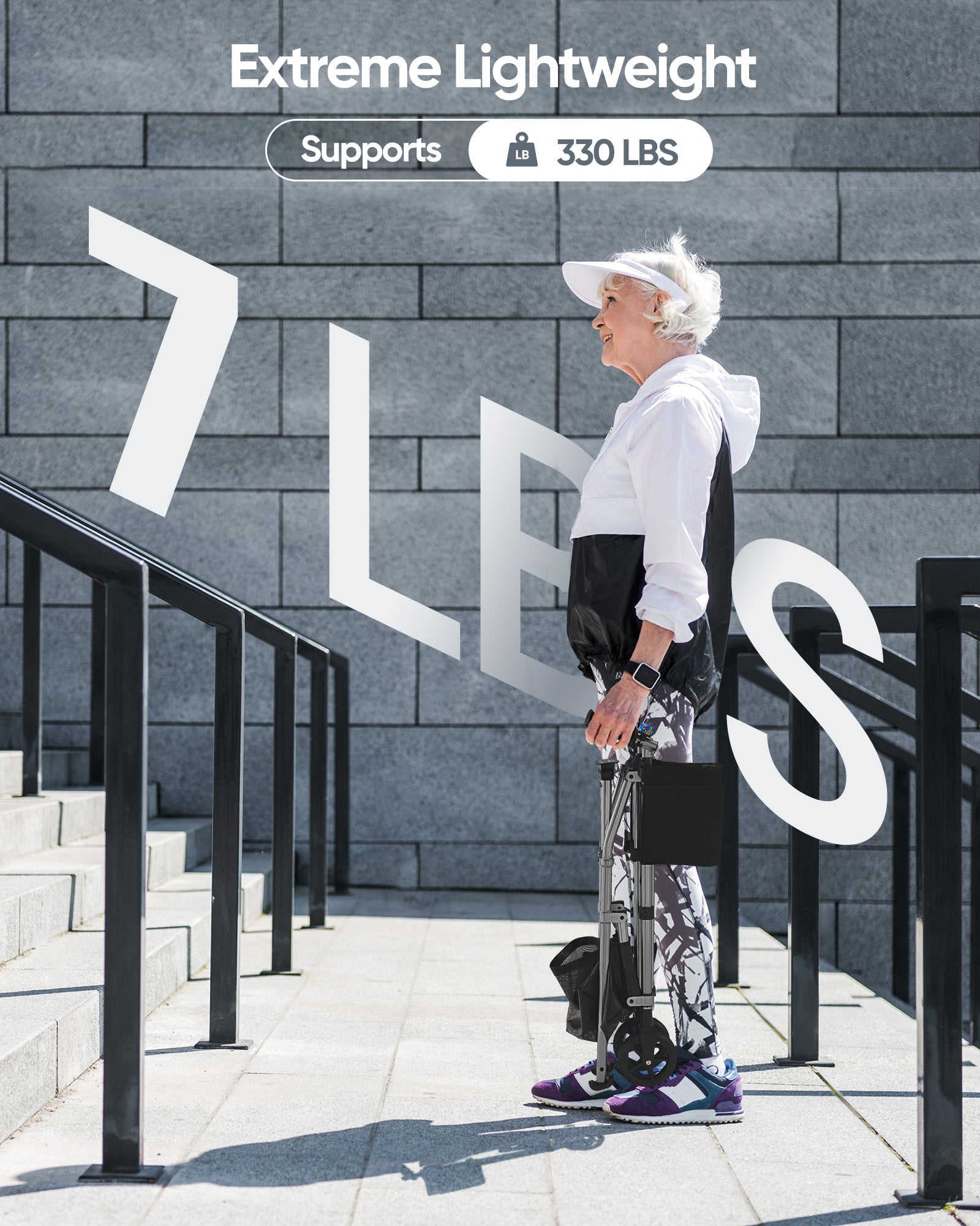 Verpal Lightweight Folding Walker for Seniors with 8 in Wheels, Steel, 330 lb Weight Capacity