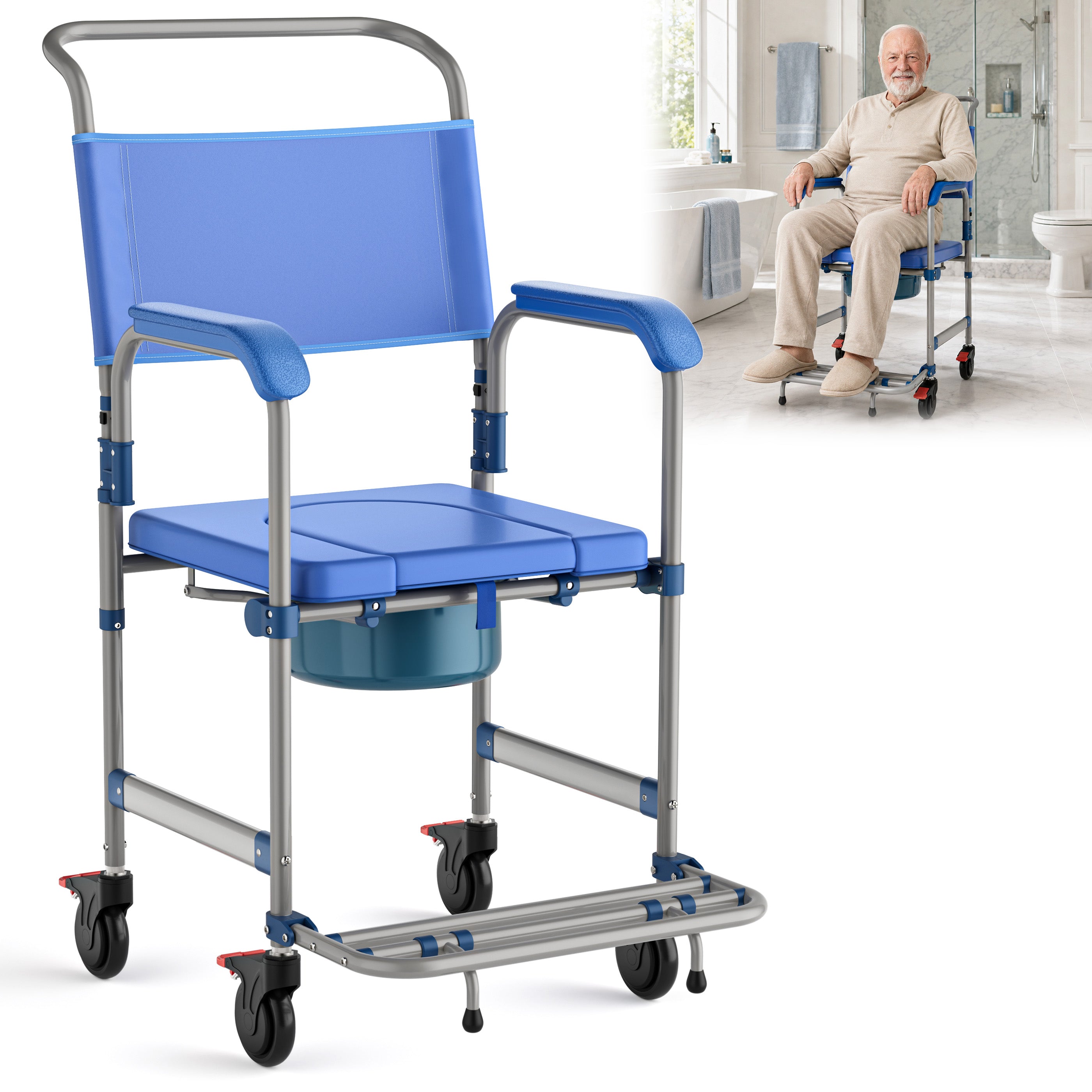 Morrean Bedside Commode, Rolling Transport Chair Lockable Wheelchair Bedside Toilet Seat, 6.3QT Removable Bucket and Splash Guard, 330lbs Load
