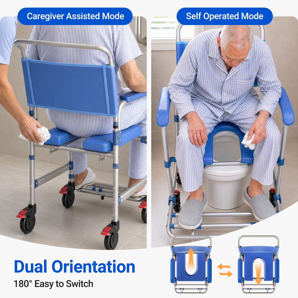 Morrean Bedside Commode, Rolling Transport Chair Lockable Wheelchair Bedside Toilet Seat, 6.3QT Removable Bucket and Splash Guard, 330lbs Load