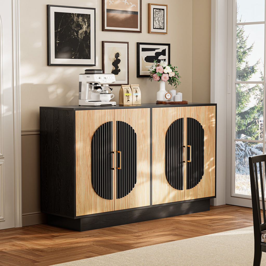 Fluted Buffet Cabinet with Storage, 58" Mid Century Modern Accent Sideboard with Adjustable Shelves, Large Credenza Storage Cabinet Console Table for Dining Room Kitchen Living Room