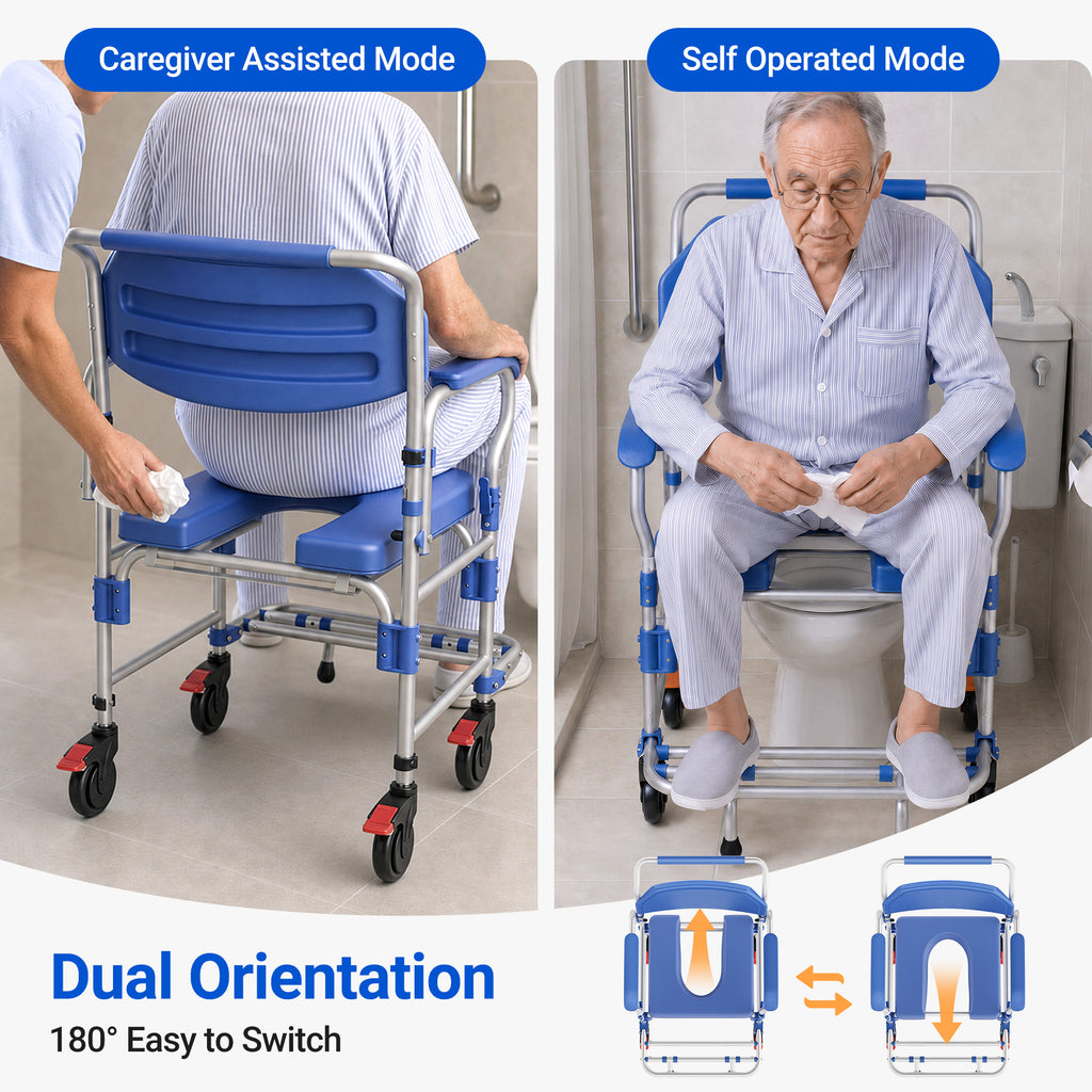 VERPAL Upgraded Rolling Shower Chair with Wheels & Shower head Clip, Bedside Commode, Portable Toilet for Elderly Adults, 330lbs Capacity