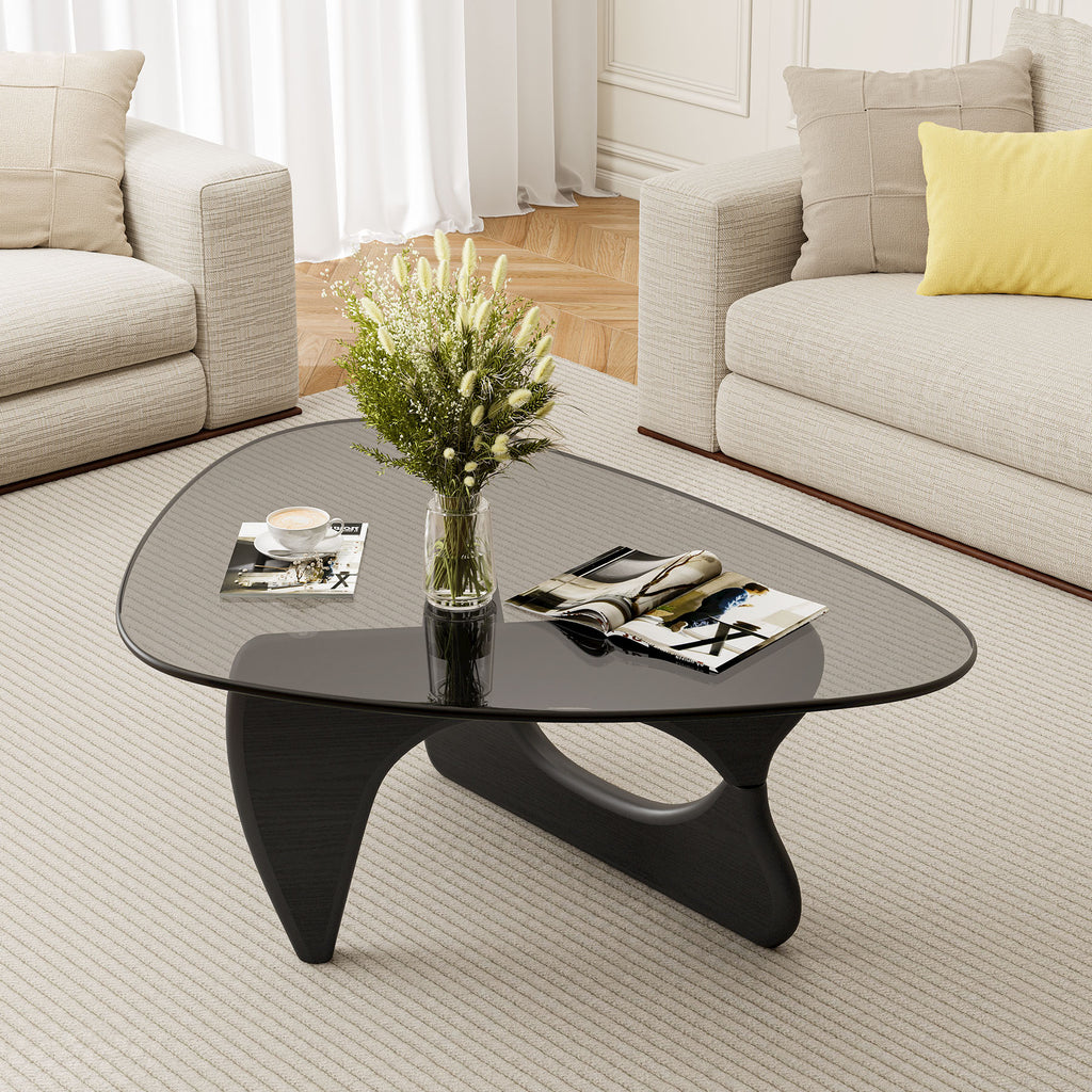 Cottinch Glass Coffee Table for Living Room, Morden Coffee Table with Glass Top and Wood Base