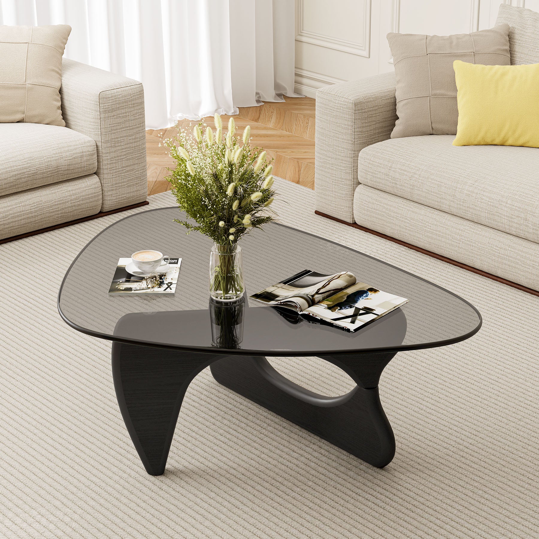 Cottinch Glass Coffee Table for Living Room, Morden Coffee Table with Glass Top and Wood Base