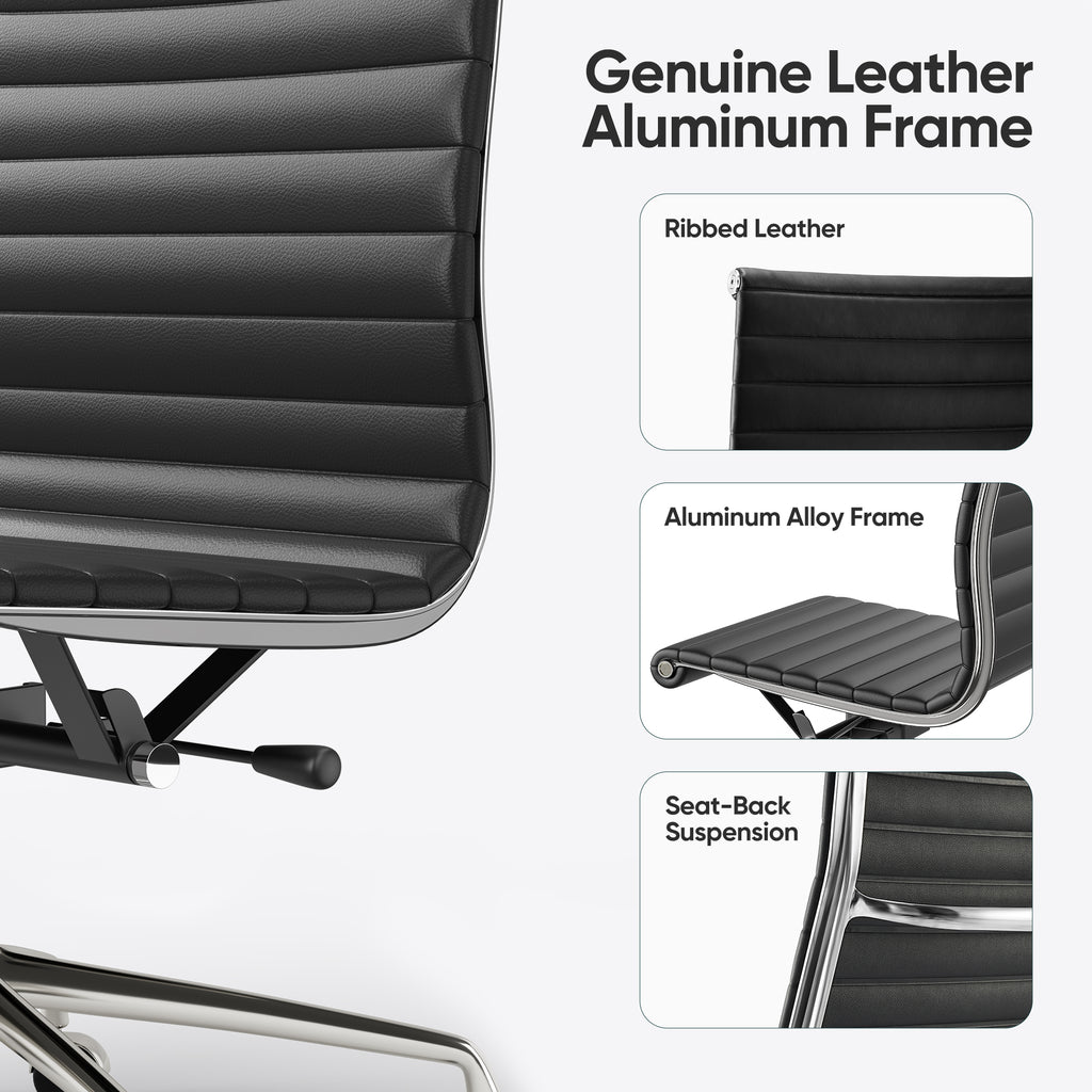 Cottinch Ribbed Office Chair High Back Armless Genuine Leather Ergonomic Desk Chair, Adjustable Height Executive Conference Task Chair Swivel Chair for Home Office