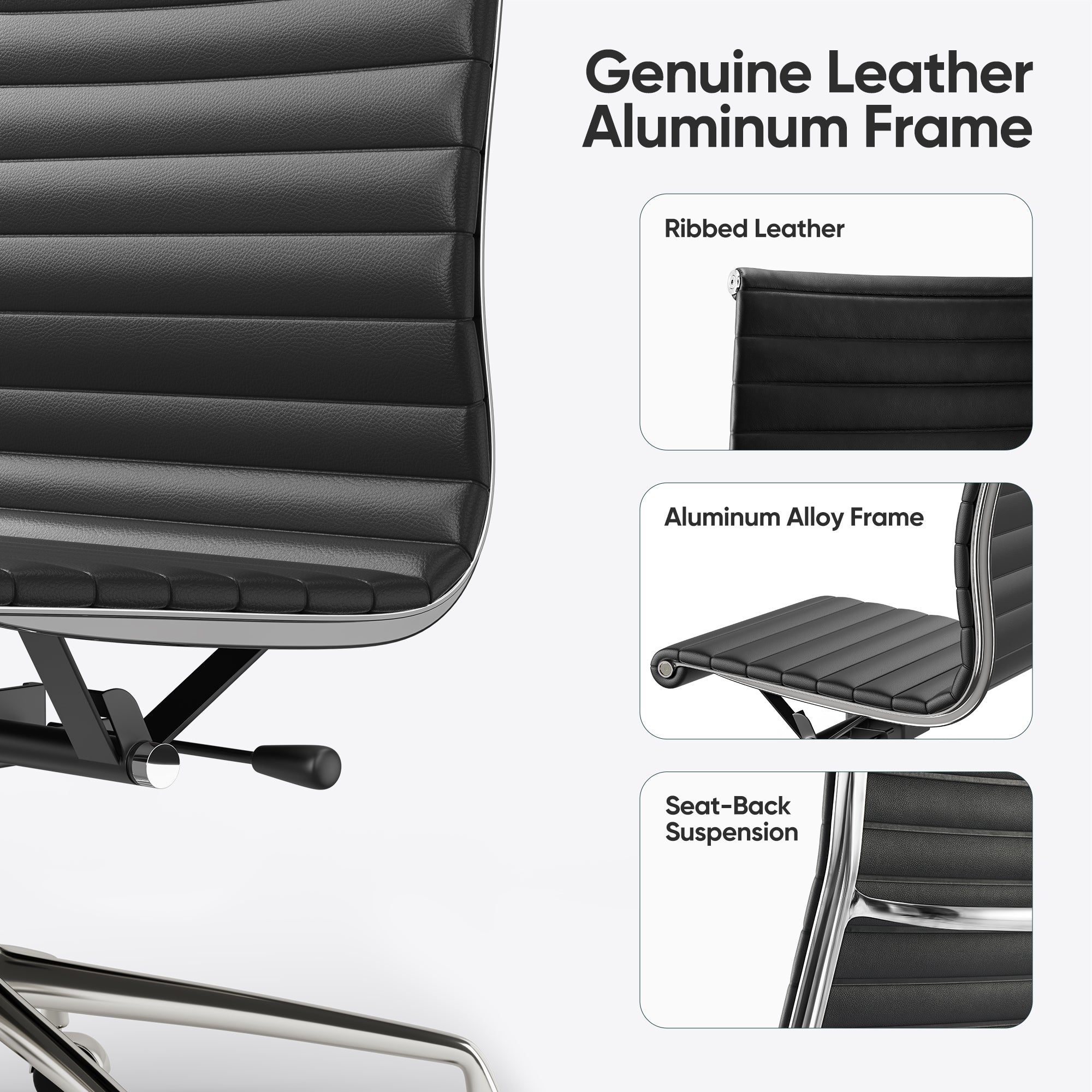 Cottinch Ribbed Office Chair High Back Armless Genuine Leather Ergonomic Desk Chair, Adjustable Height Executive Conference Task Chair Swivel Chair for Home Office