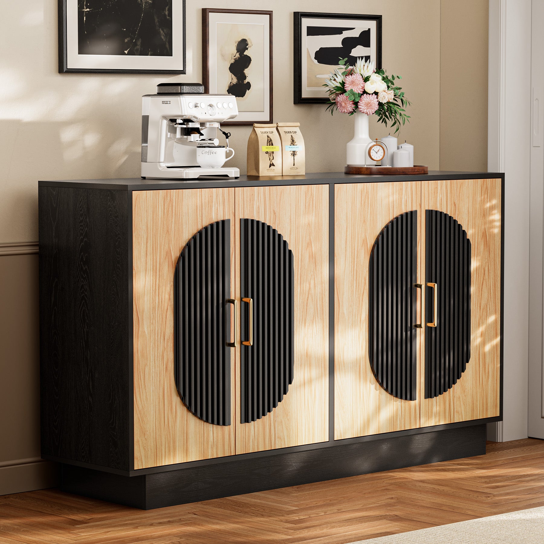 Fluted Buffet Cabinet with Storage, 58" Mid Century Modern Accent Sideboard with Adjustable Shelves, Large Credenza Storage Cabinet Console Table for Dining Room Kitchen Living Room
