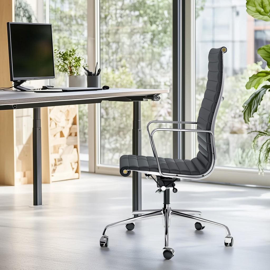 Cottinch Ribbed Genuine Leather Office Chair, Adjustable Ergonomic Computer Chair for Home Office Use