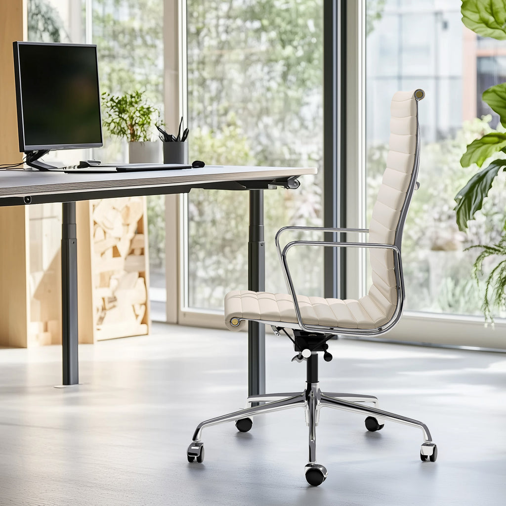 Cottinch Ribbed Genuine Leather Office Chair, Adjustable Ergonomic Computer Chair for Home Office Use