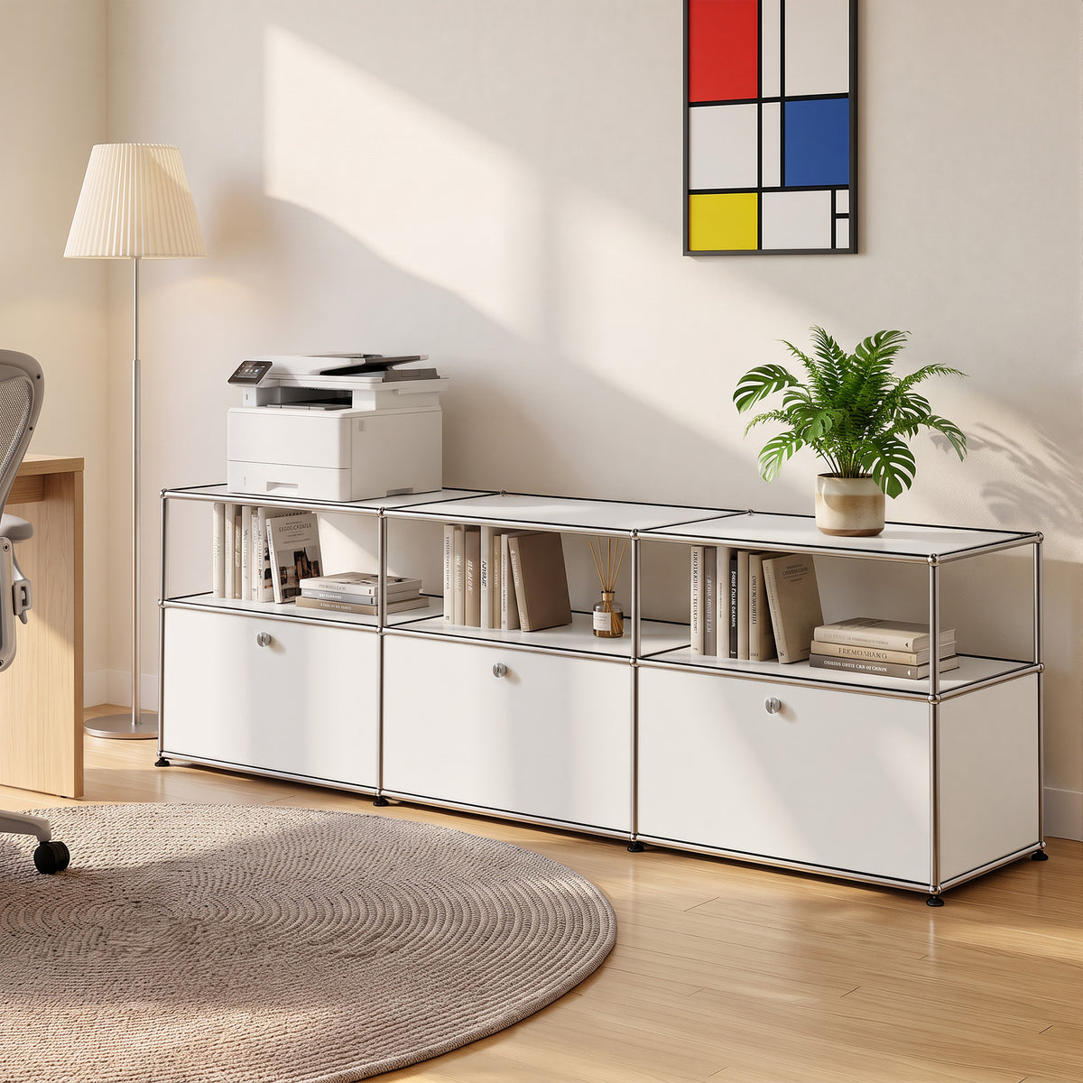 Cottinch Modular Metal TV Cabinet, Open‑Side Media Cabinet with Cable Holes, Storage TV Stand for Living Room Entertainment,White