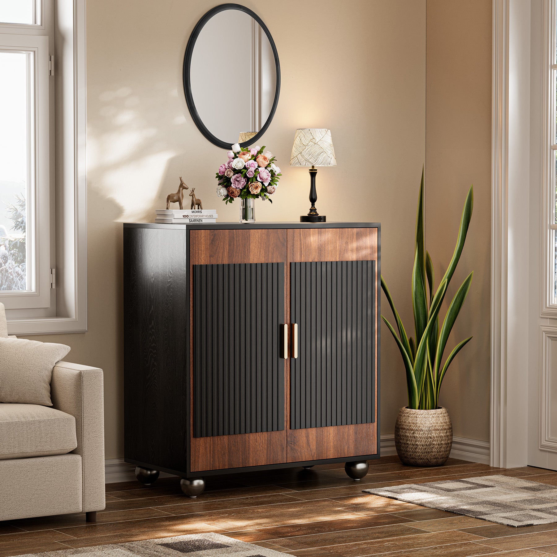 Modular Fluted Buffet Cabinet with Storage, Small Accent Sideboard with Square Doors & Adjustable Shelves 29" Modern Fluted Credenza Media Console Table for Living Room Kitchen Dining Room