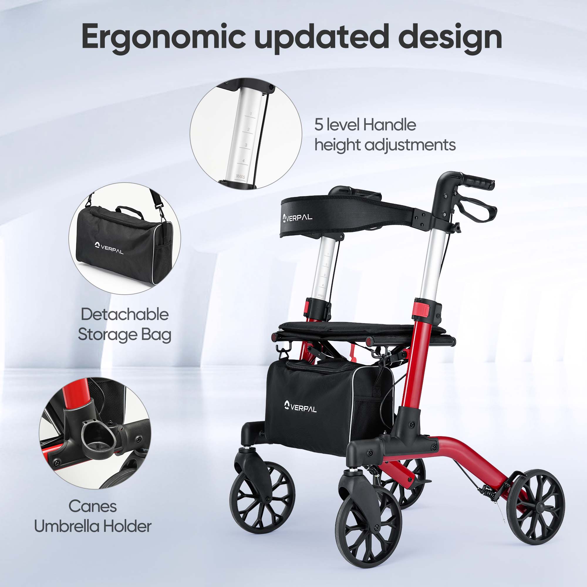 VERPAL Mobility Walker for Seniors, Lightweight Folding Rolling Walker with Seat and Backrest for Seniors and Adult, Red