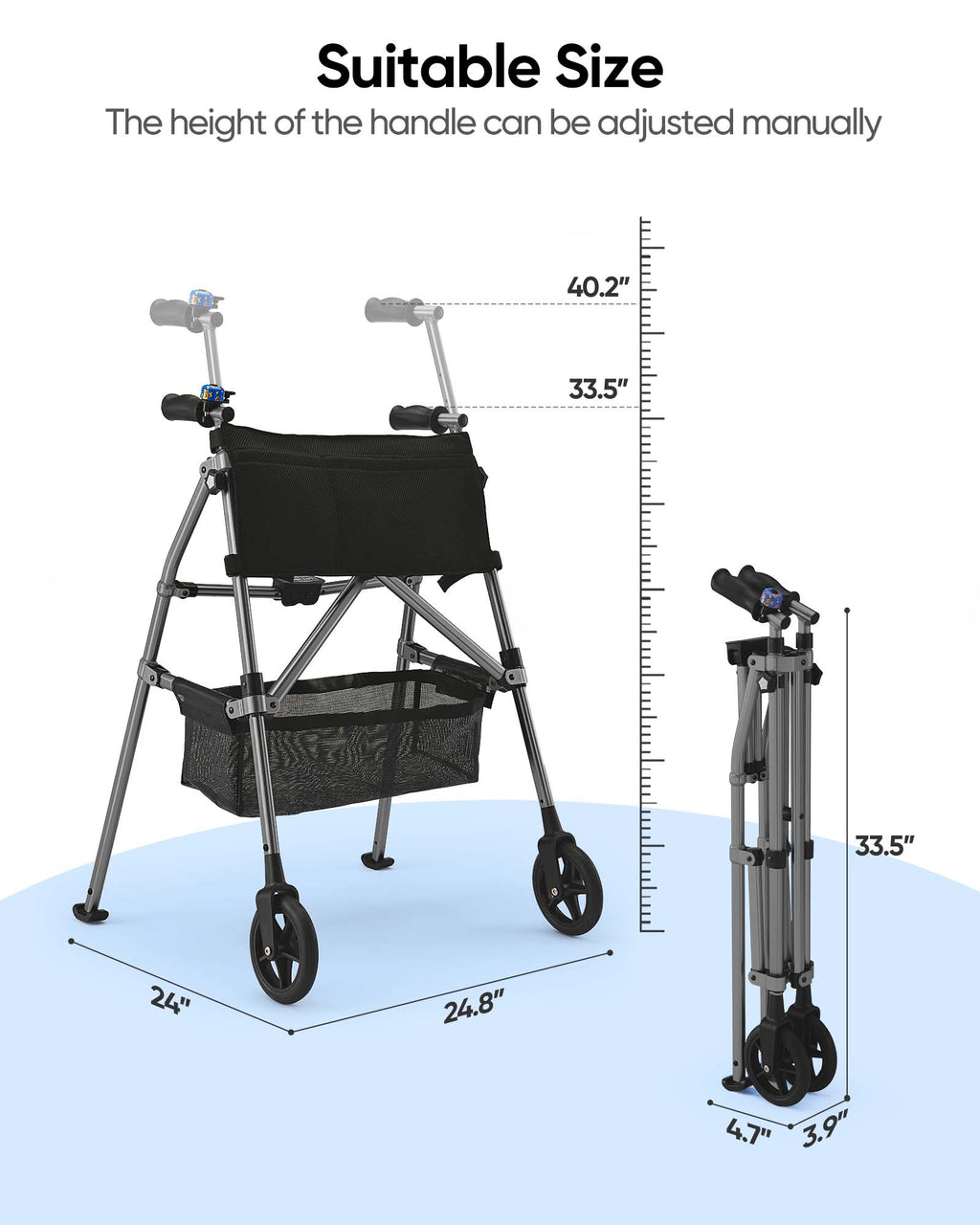 Verpal Lightweight Folding Walker for Seniors with 8 in Wheels, Steel, 330 lb Weight Capacity