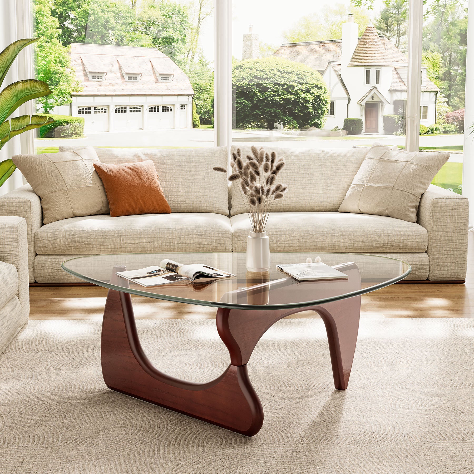 Modern Glass Coffee Table, Tempered Glass Top Center Table with Wood Base for Living Room Bedroom Office