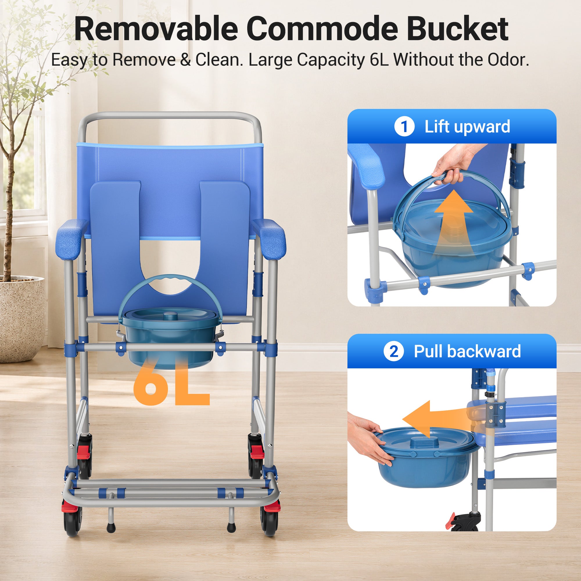 Morrean Bedside Commode, Rolling Transport Chair Lockable Wheelchair Bedside Toilet Seat, 6.3QT Removable Bucket and Splash Guard, 330lbs Load