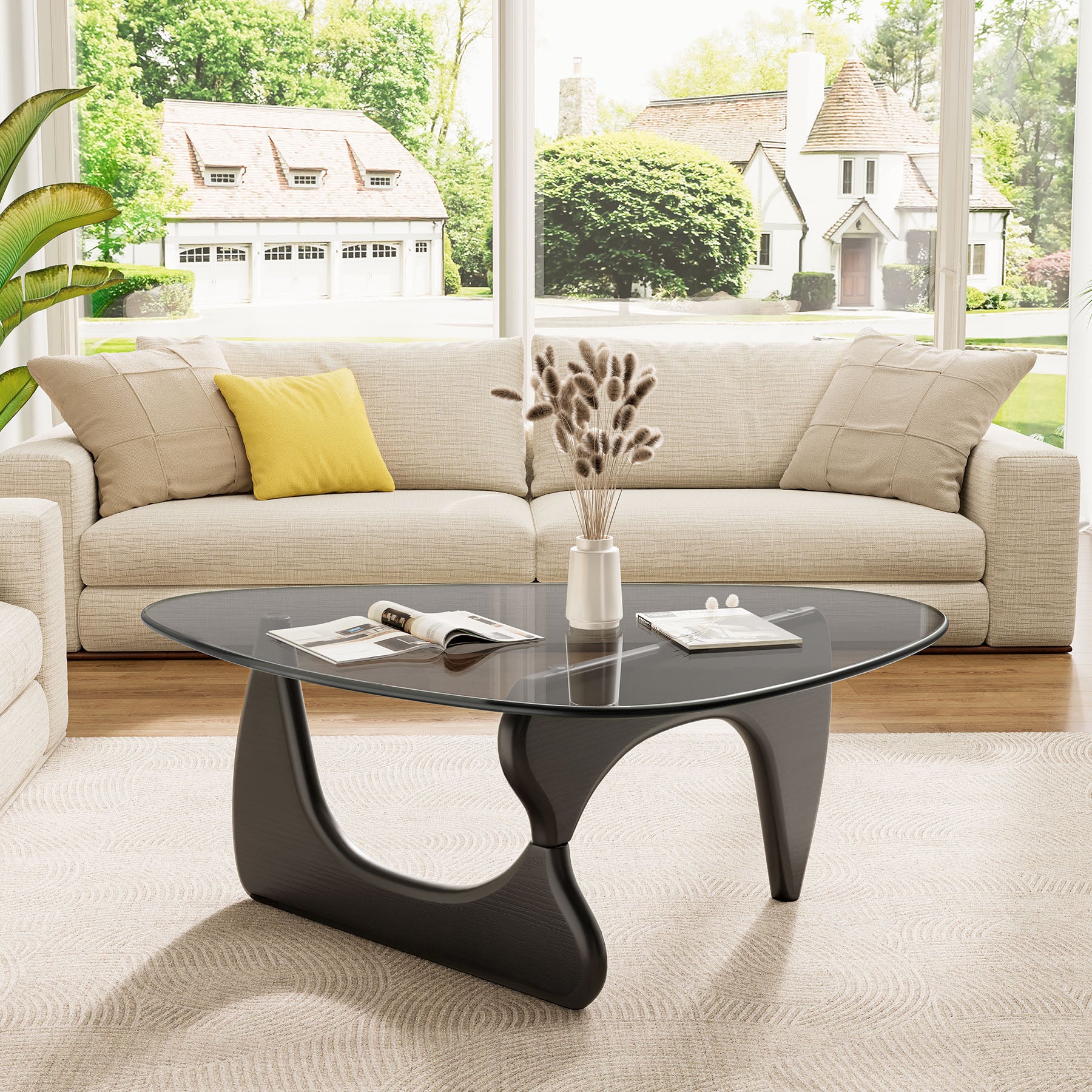 Modern Glass Coffee Table, Tempered Glass Top Center Table with Wood Base for Living Room Bedroom Office