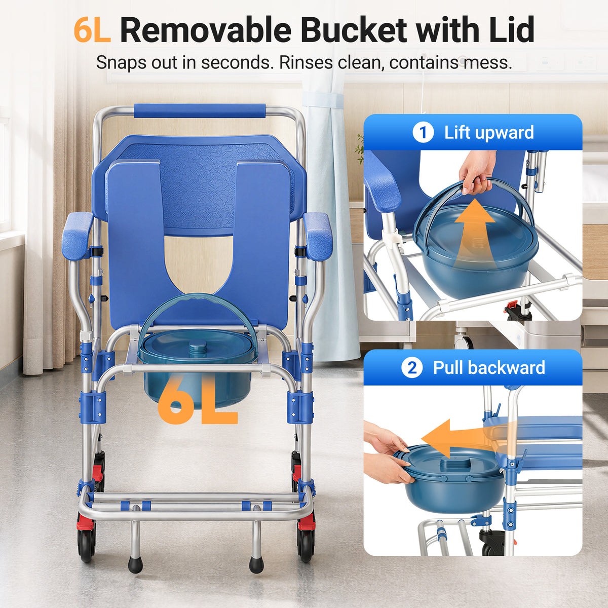 Morrean Updated Rolling Shower Chair Bedside Commode, Lockable Wheelchair Bedside Toilet Seat, 6.3QT Removable Bucket and Splash Guard, 330lbs Load