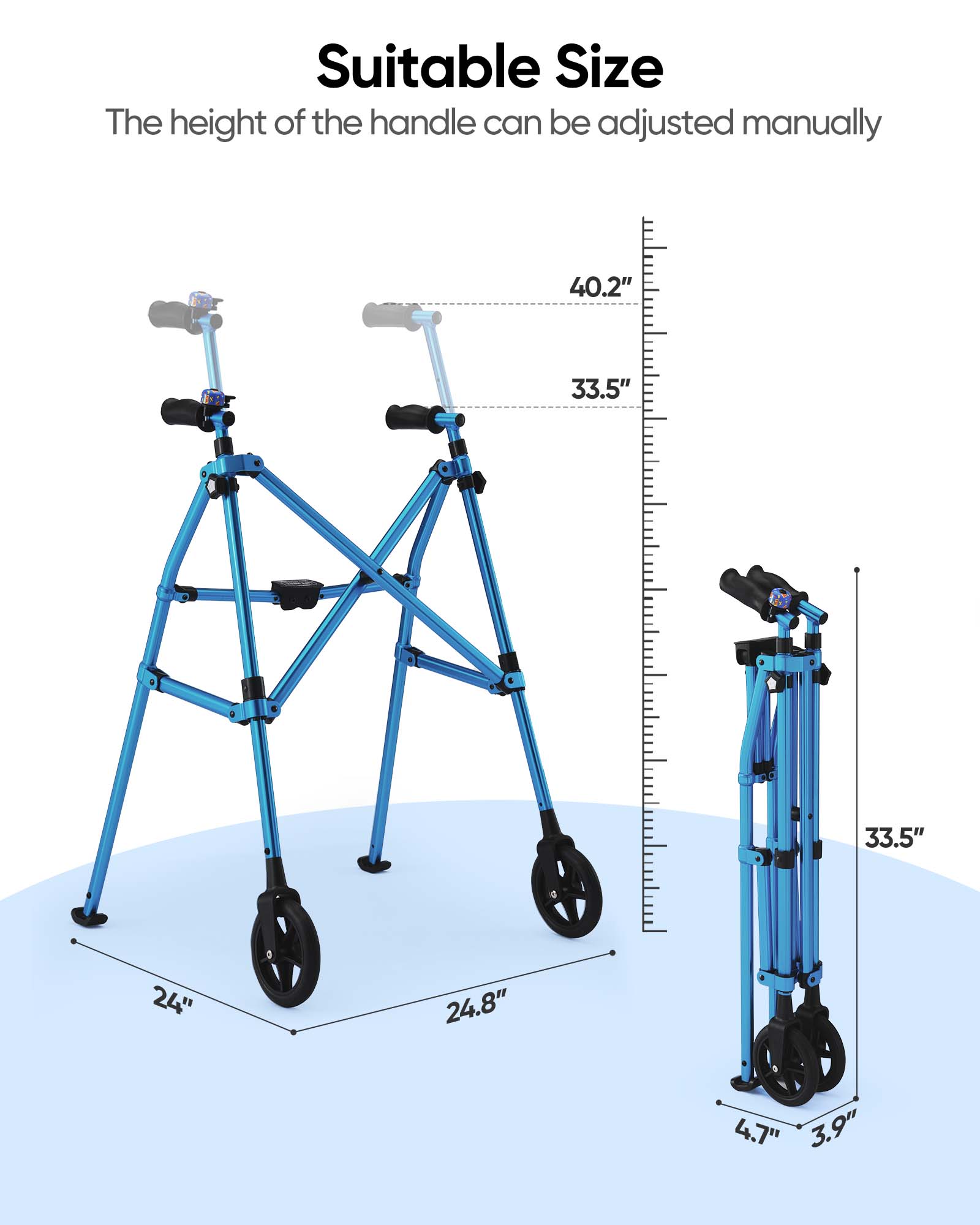 Verpal Lightweight Folding Walker for Seniors with 8 in Wheels, Steel, 330 lb Weight Capacity