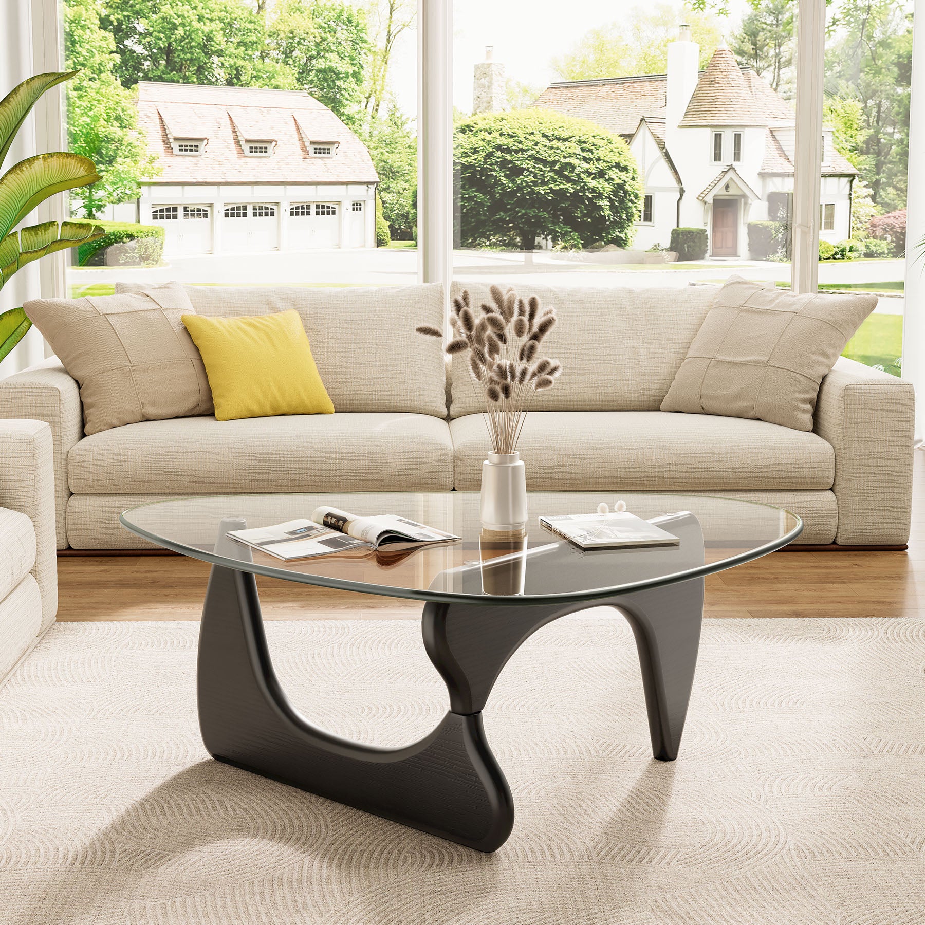 Modern Glass Coffee Table, Tempered Glass Top Center Table with Wood Base for Living Room Bedroom Office