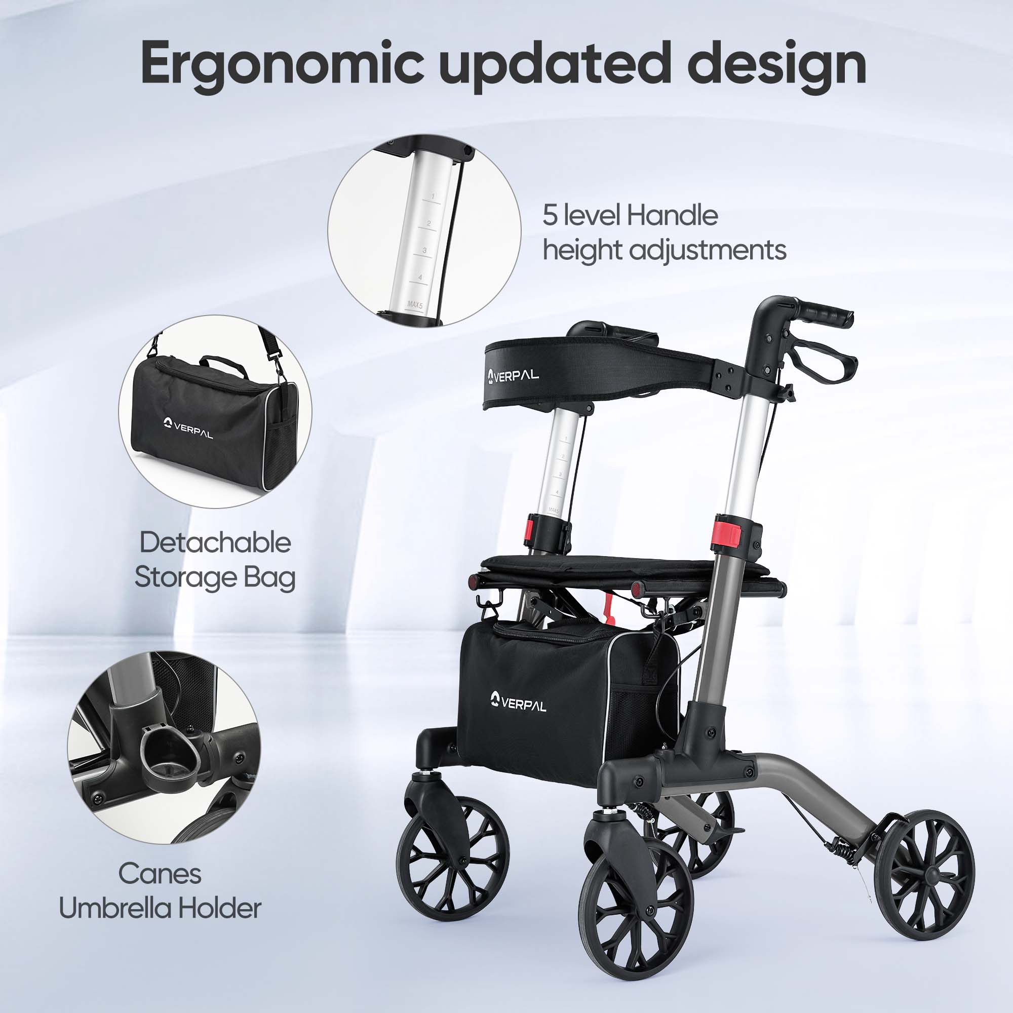 VERPAL Rollator Walker for Seniors, Lightweight Folding Rolling Walker with Seat and Backrest for Seniors and Adult, Gray