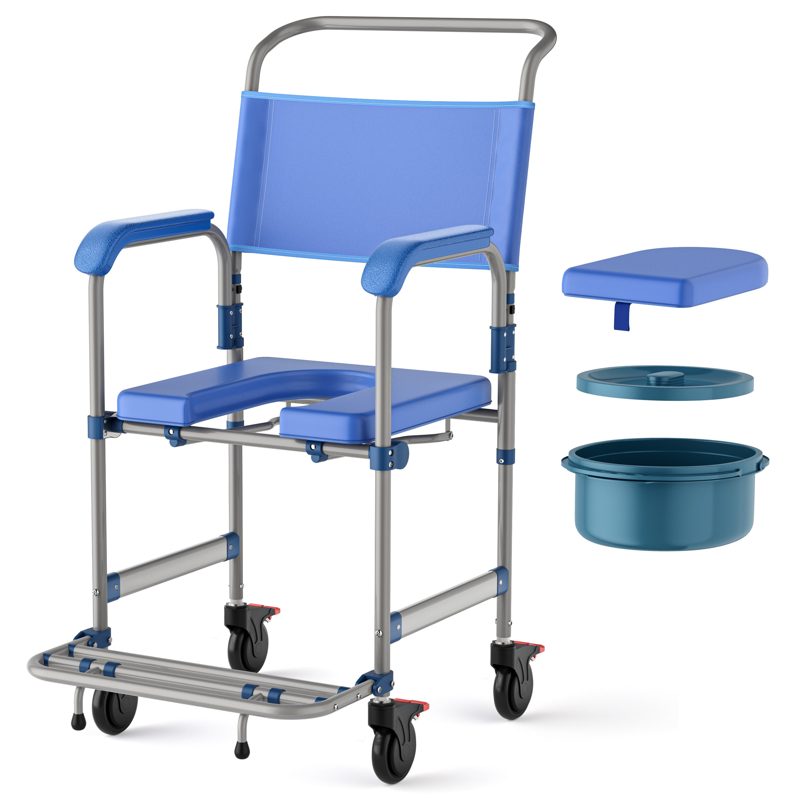 Morrean Bedside Commode, Rolling Transport Chair Lockable Wheelchair Bedside Toilet Seat, 6.3QT Removable Bucket and Splash Guard, 330lbs Load
