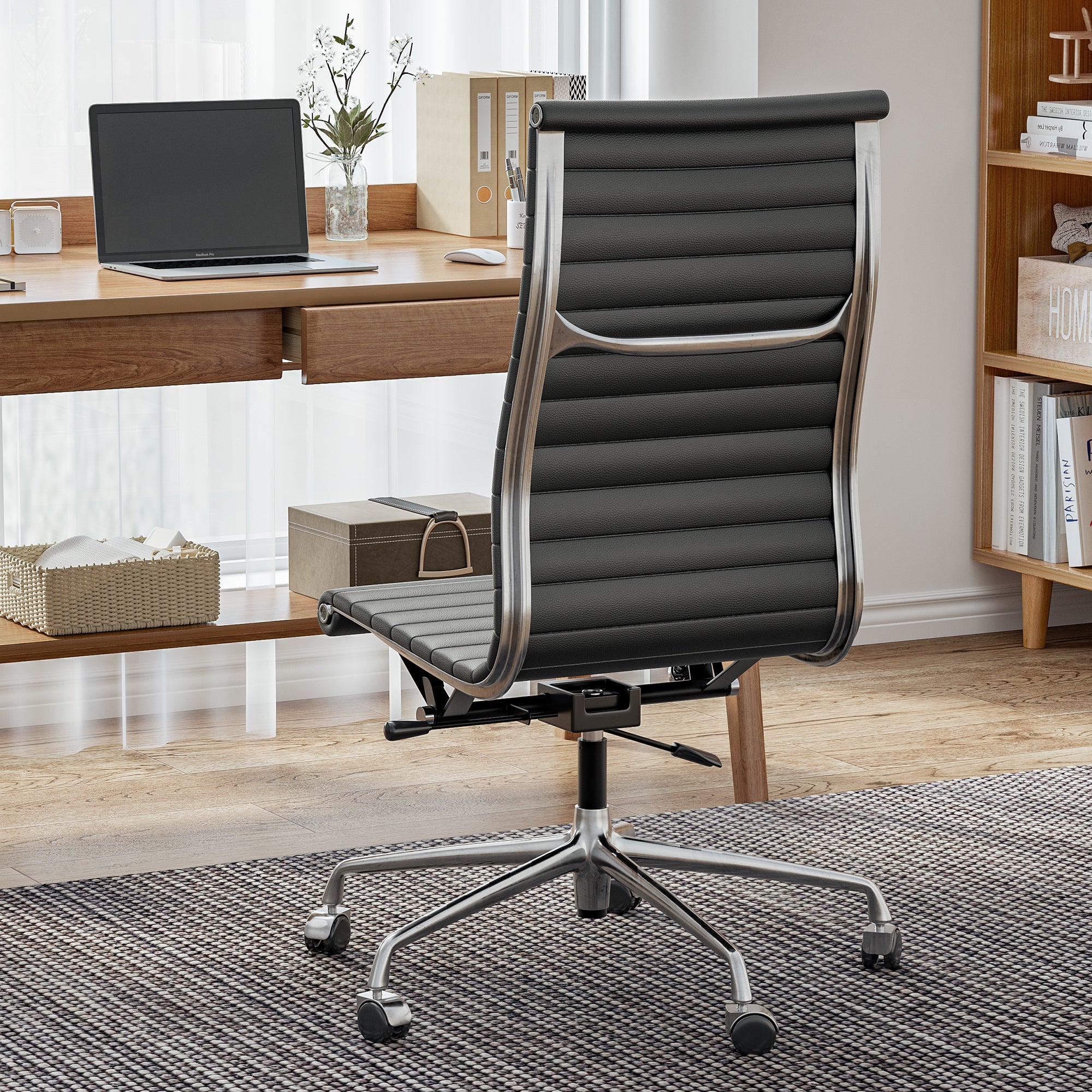 Cottinch Ribbed Office Chair High Back Armless Genuine Leather Ergonomic Desk Chair, Adjustable Height Executive Conference Task Chair Swivel Chair for Home Office