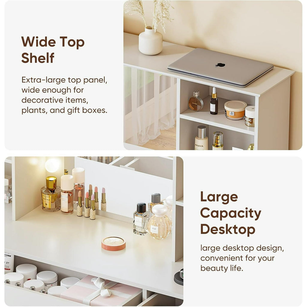 Cottinch Vanity Desk with Mirror and Lights, 47.2" Makeup Vanity Table with 3 Color Modes Arched Window Cabinet & Power Outlet, 3 Drawers, 8 Storage Shelves, Large Dressing Table for Bedroom