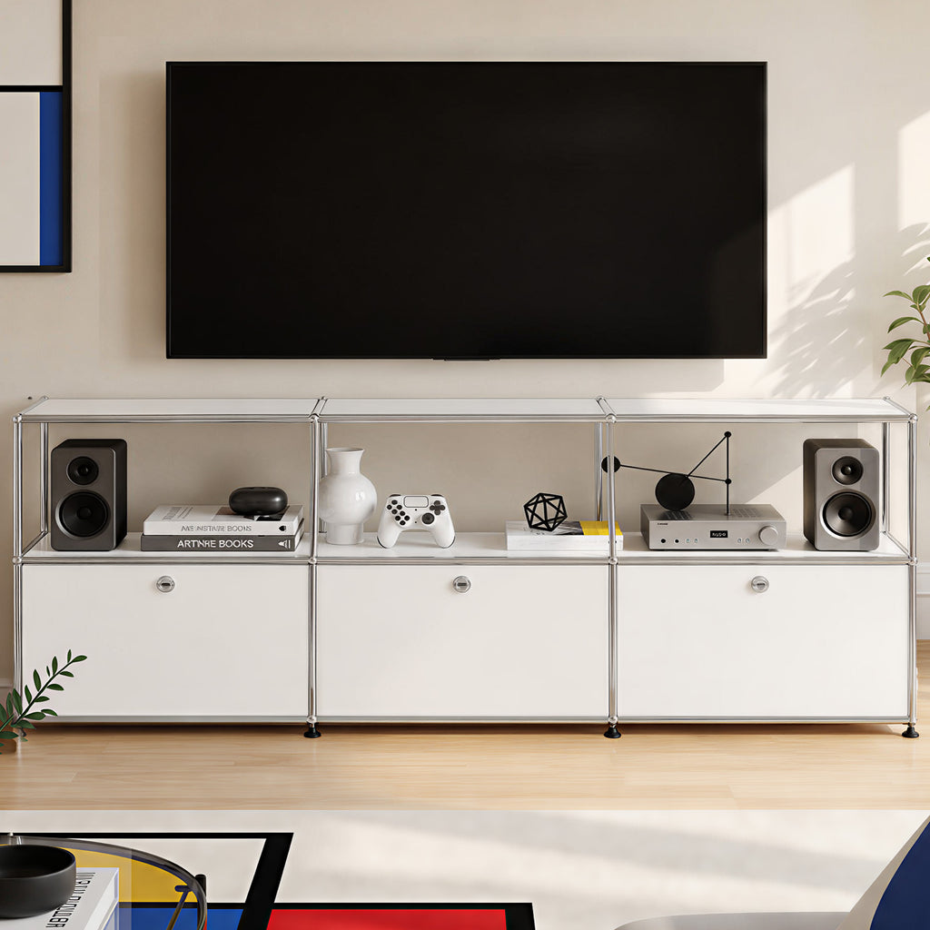 Cottinch Modular Metal TV Cabinet, Open‑Side Media Cabinet with Cable Holes, Storage TV Stand for Living Room Entertainment,White