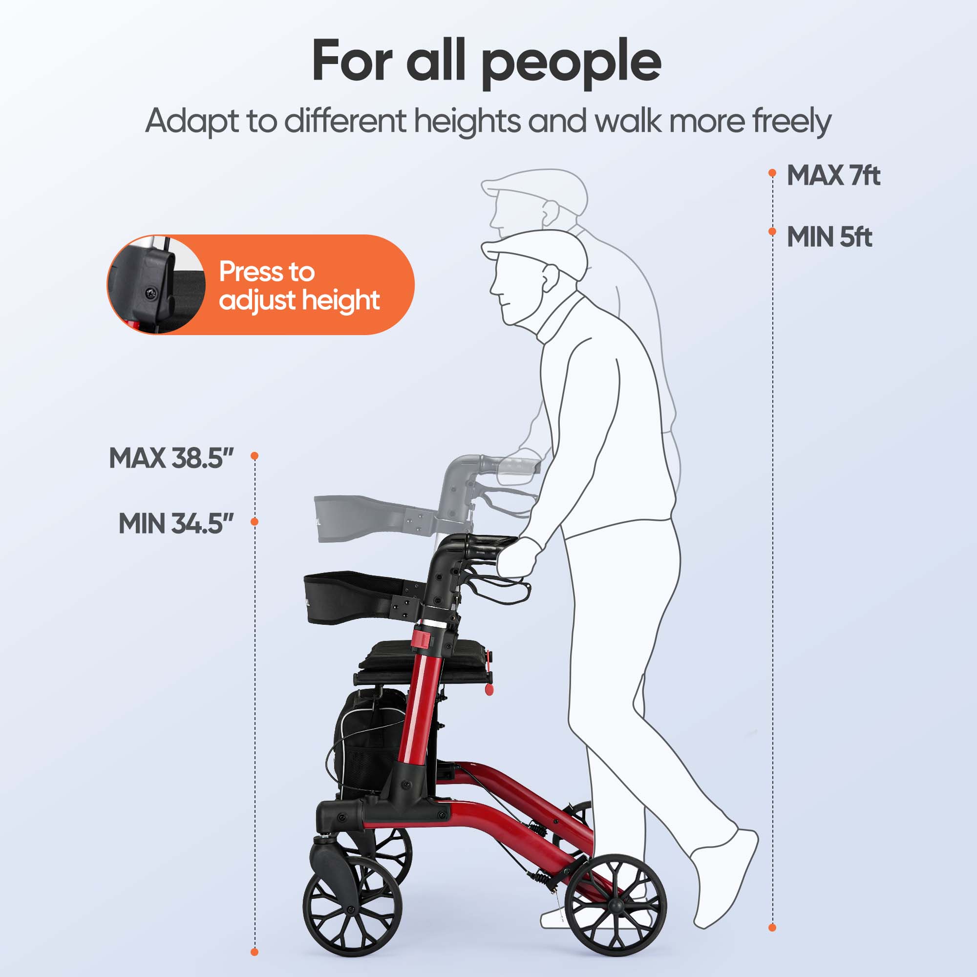 VERPAL Mobility Walker for Seniors, Lightweight Folding Rolling Walker with Seat and Backrest for Seniors and Adult, Red