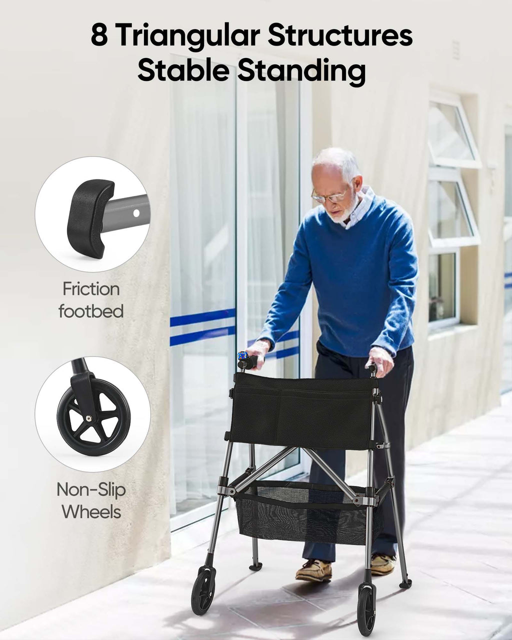 Verpal Lightweight Folding Walker for Seniors with 8 in Wheels, Steel, 330 lb Weight Capacity