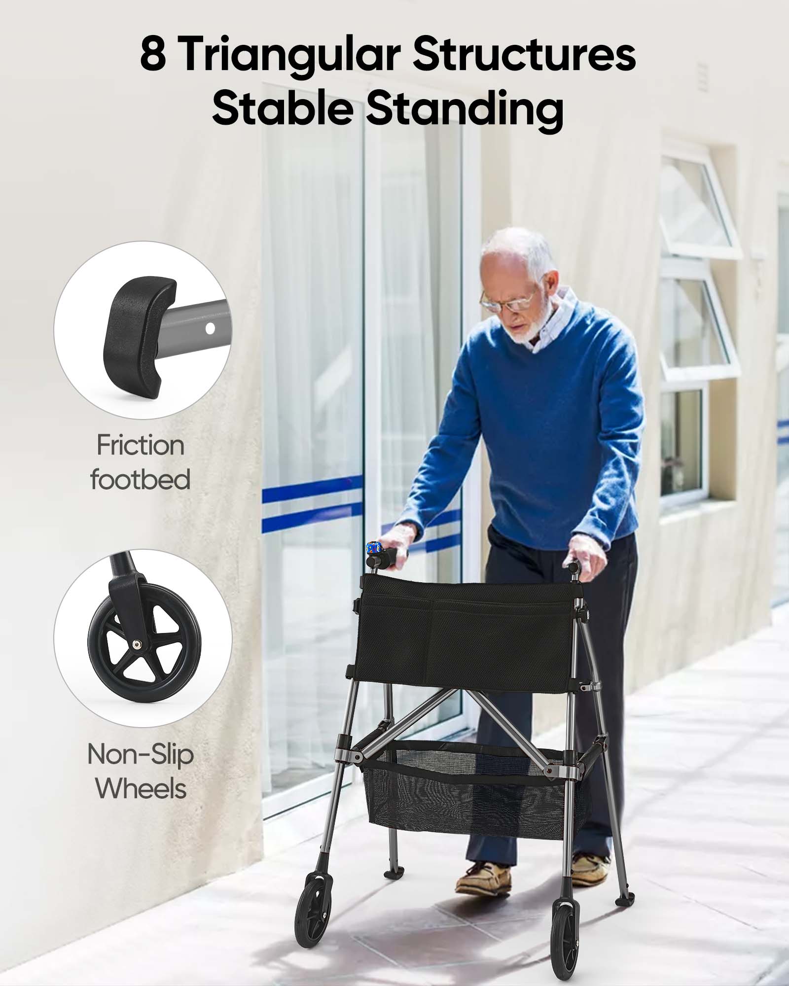 Verpal Lightweight Folding Walker for Seniors with 8 in Wheels, Steel, 330 lb Weight Capacity