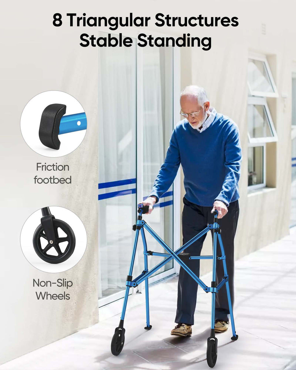 Verpal Lightweight Folding Walker for Seniors with 8 in Wheels, Steel, 330 lb Weight Capacity