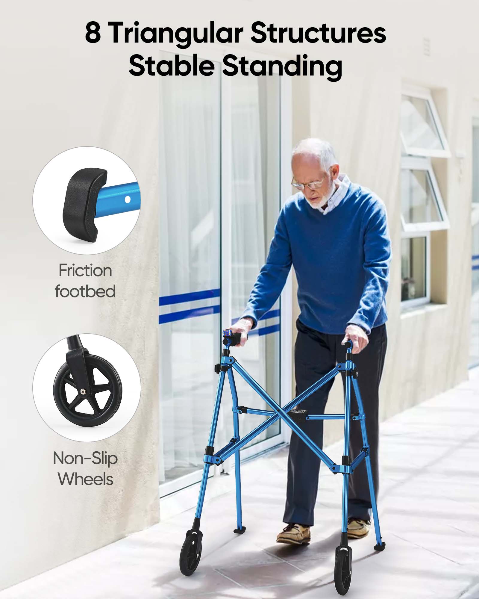 Verpal Lightweight Folding Walker for Seniors with 8 in Wheels, Steel, 330 lb Weight Capacity