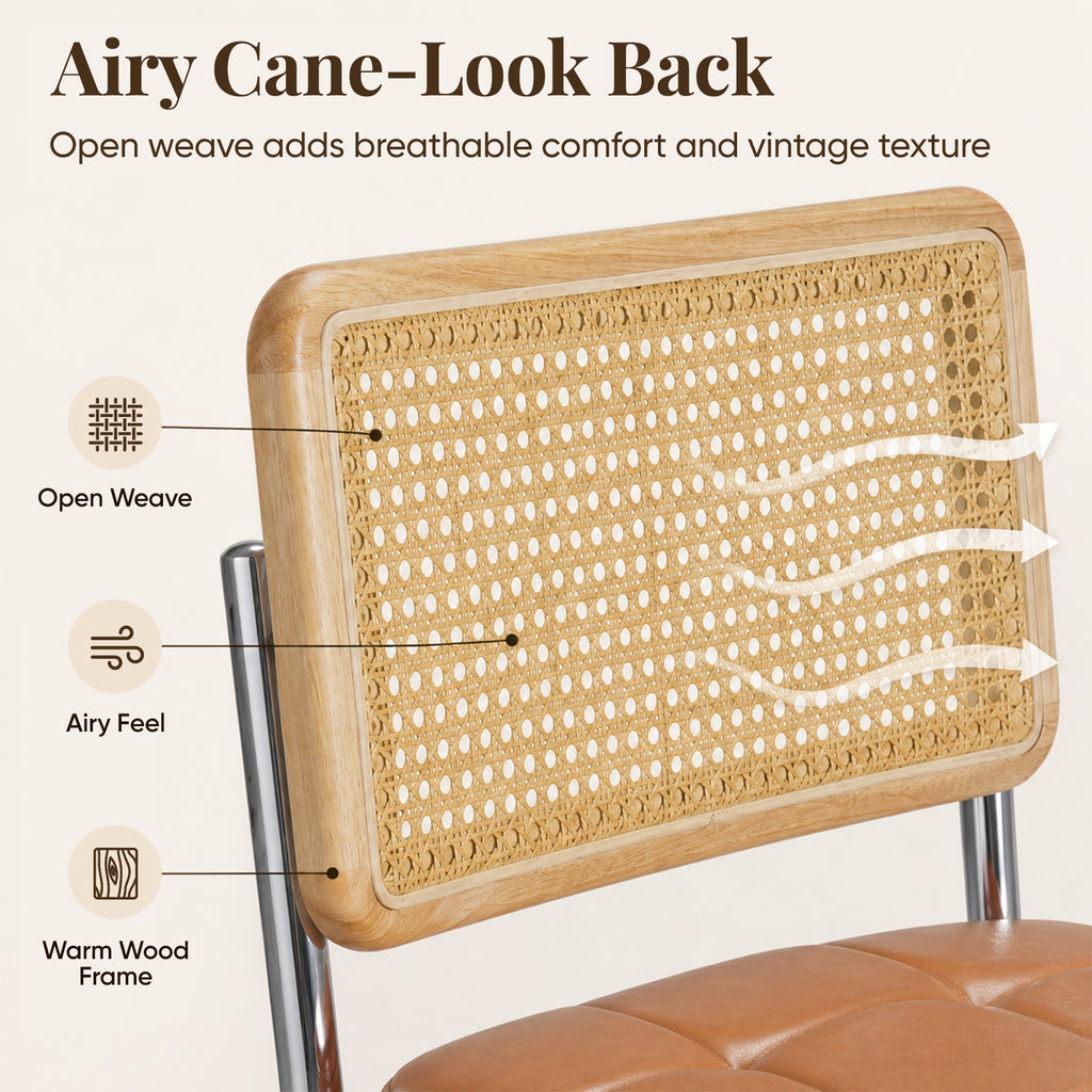 eChamp Mid Century Modern Dining Chairs Set of 2, PU Upholstered Natural Rattan Kitchen Chairs Accent Chair with Metal Chrome Legs for Living Room