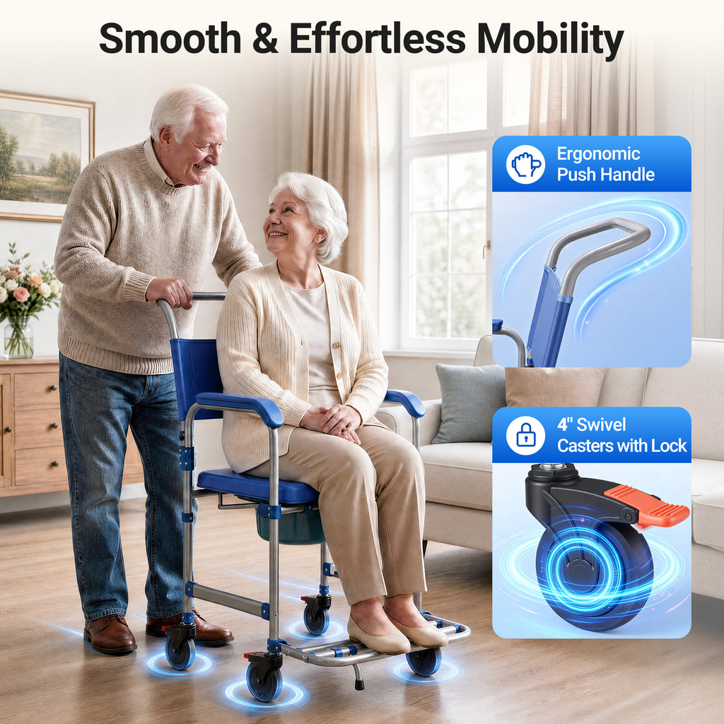 Morrean Bedside Commode, Rolling Transport Chair Lockable Wheelchair Bedside Toilet Seat, 6.3QT Removable Bucket and Splash Guard, 330lbs Load