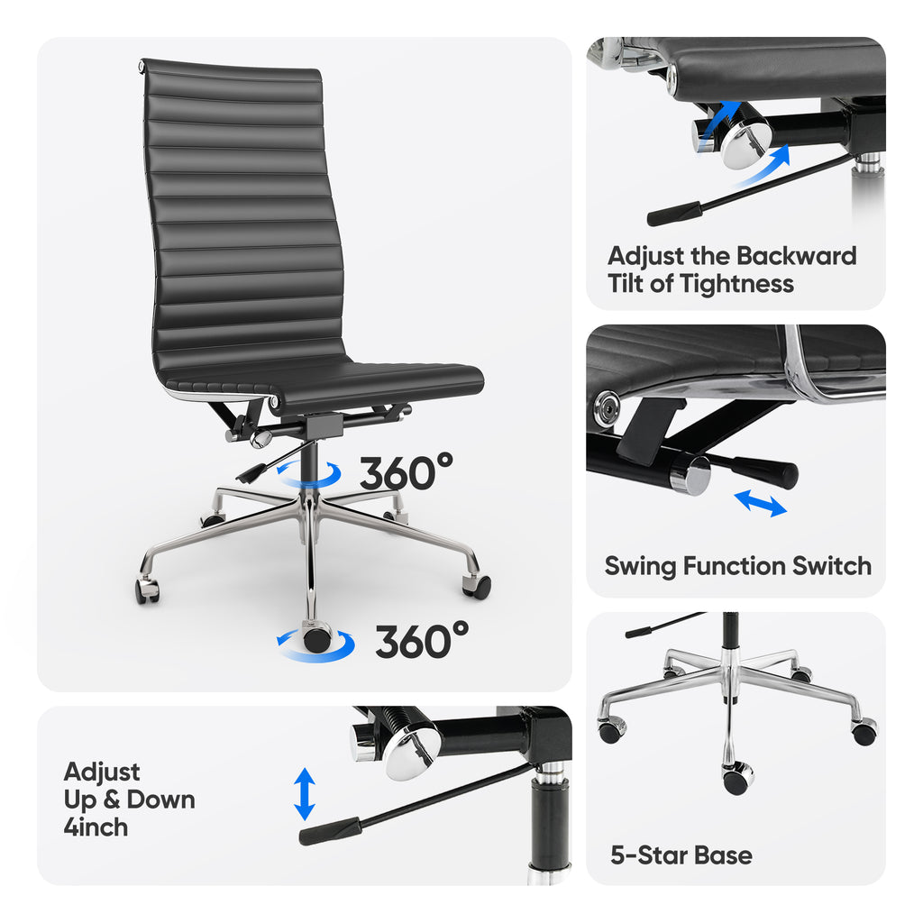Cottinch Ribbed Office Chair High Back Armless Genuine Leather Ergonomic Desk Chair, Adjustable Height Executive Conference Task Chair Swivel Chair for Home Office