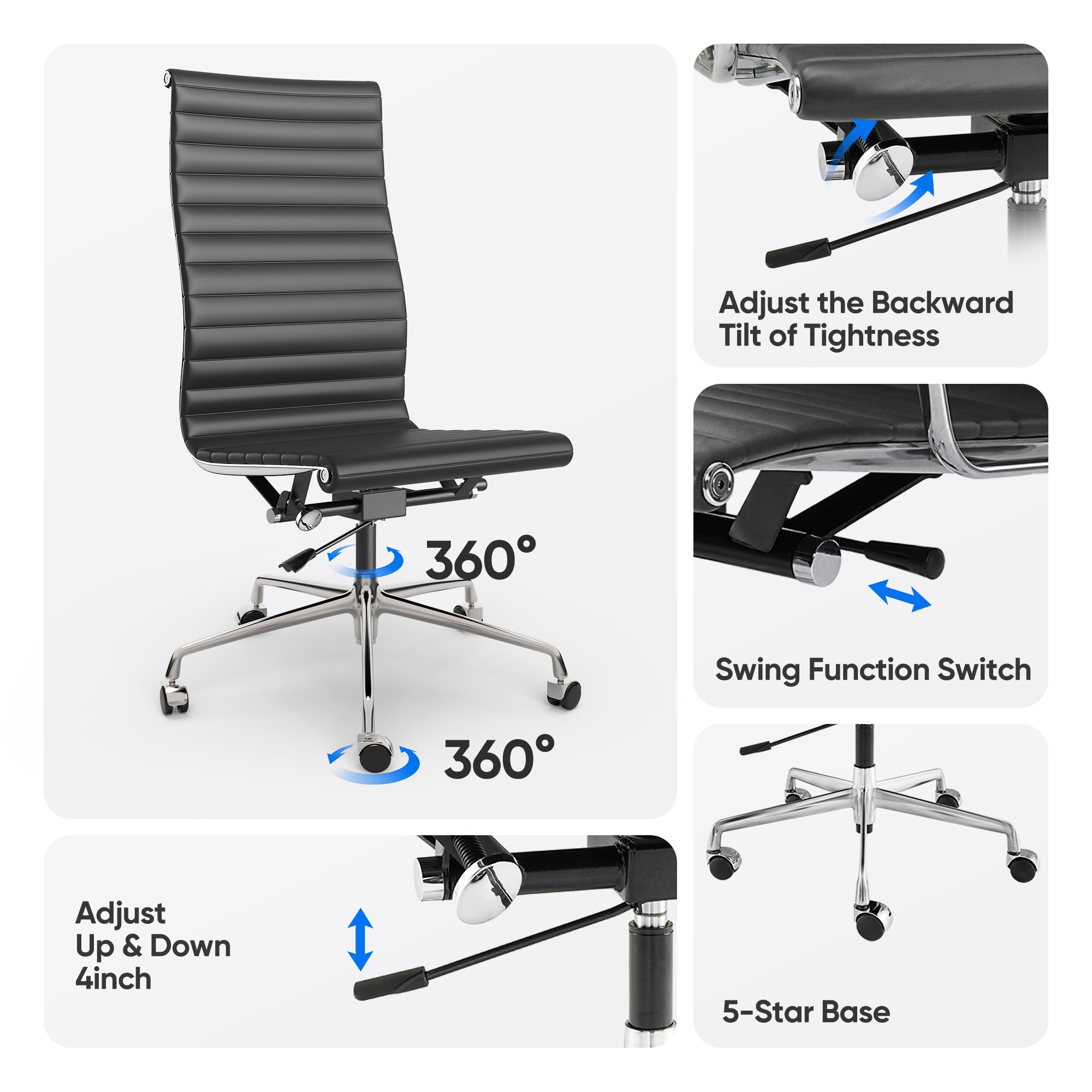Cottinch Ribbed Office Chair High Back Armless Genuine Leather Ergonomic Desk Chair, Adjustable Height Executive Conference Task Chair Swivel Chair for Home Office