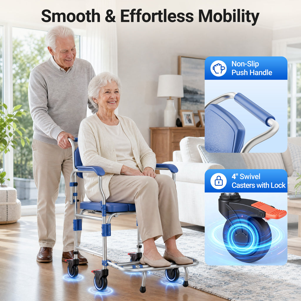 VERPAL Upgraded Rolling Shower Chair with Wheels & Shower head Clip, Bedside Commode, Portable Toilet for Elderly Adults, 330lbs Capacity