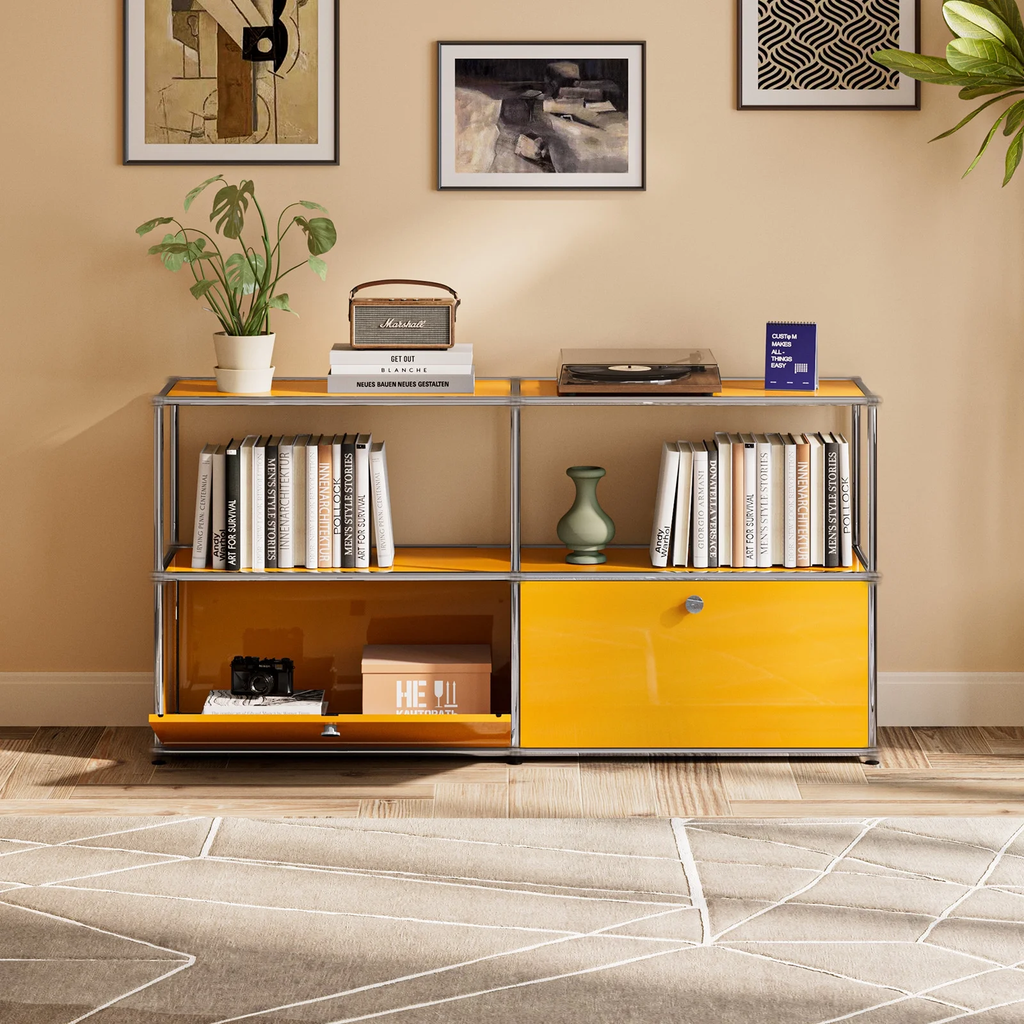 Raffle Pinker Metal Storage Cabinet Freestanding Accent Cabinets with 2 Doors and Shelves for Living Room,Yellow