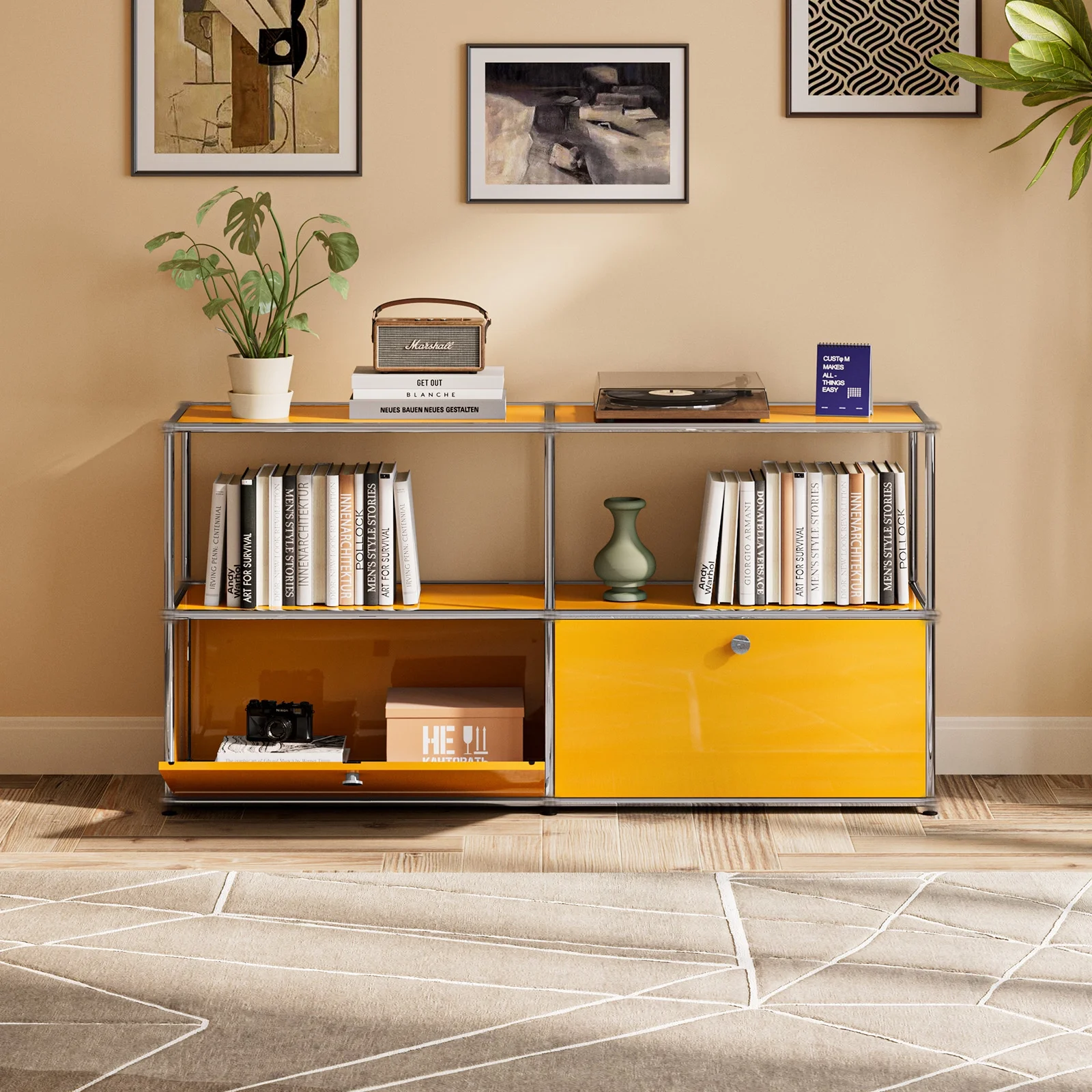 Raffle Pinker Metal Storage Cabinet Freestanding Accent Cabinets with 2 Doors and Shelves for Living Room,Yellow