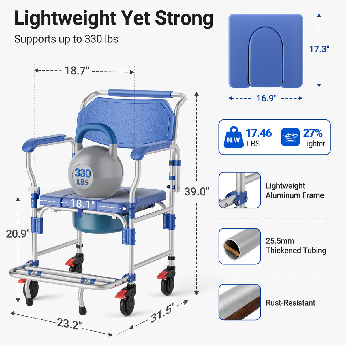 Morrean Updated Rolling Shower Chair Bedside Commode, Lockable Wheelchair Bedside Toilet Seat, 6.3QT Removable Bucket and Splash Guard, 330lbs Load