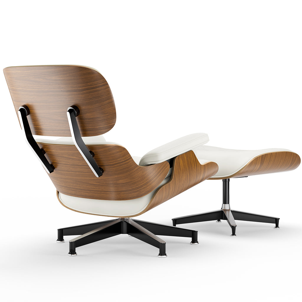 Cottinch Top Black Grain Leather, Mid Century Chaise Lounge Chair with Ottoman, Modern Leather Armchair Swivel Accent Chair and Metal Base for Living Room Office, Walnut Pattern