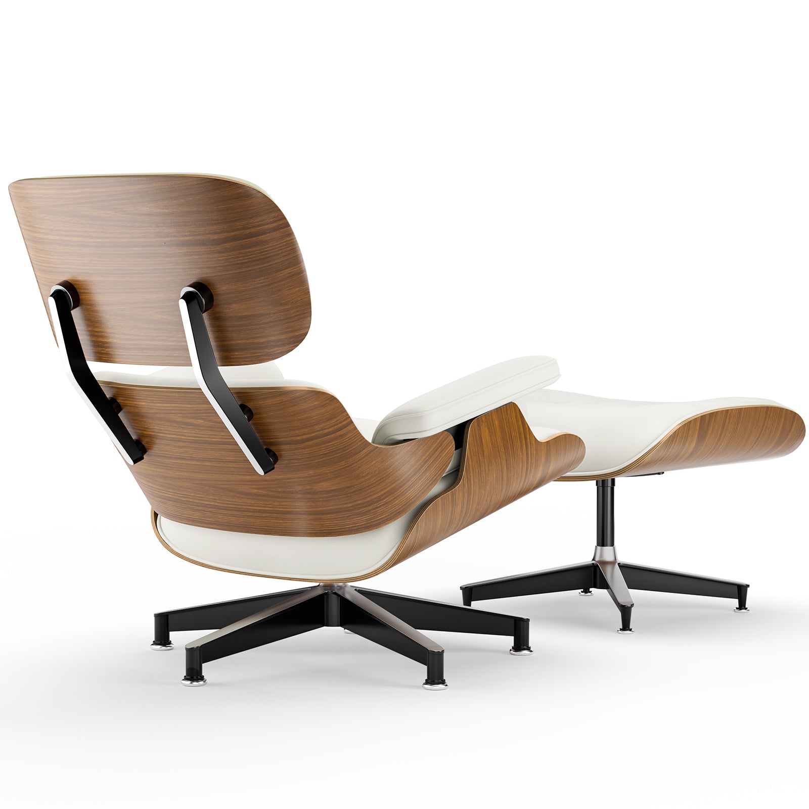 Cottinch Top Black Grain Leather, Mid Century Chaise Lounge Chair with Ottoman, Modern Leather Armchair Swivel Accent Chair and Metal Base for Living Room Office, Walnut Pattern