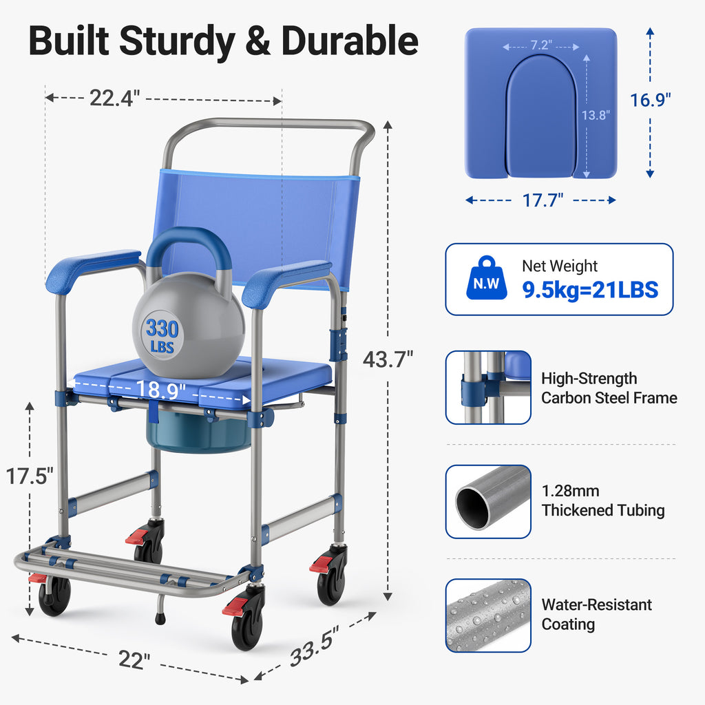 Morrean Bedside Commode, Rolling Transport Chair Lockable Wheelchair Bedside Toilet Seat, 6.3QT Removable Bucket and Splash Guard, 330lbs Load