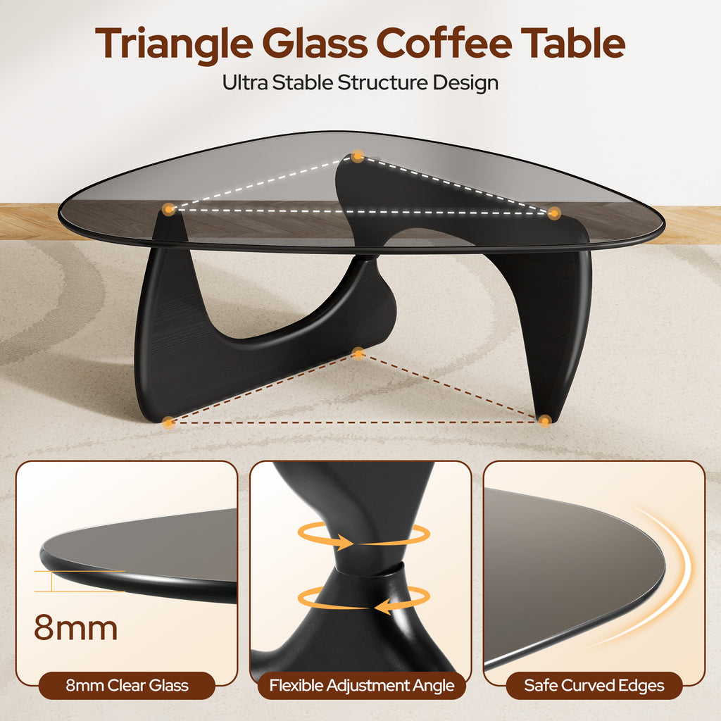 Modern Glass Coffee Table, Tempered Glass Top Center Table with Wood Base for Living Room Bedroom Office