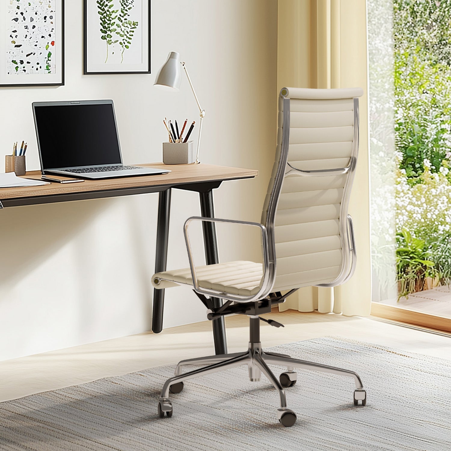 Cottinch Ribbed Genuine Leather Office Chair, Adjustable Ergonomic Computer Chair for Home Office Use