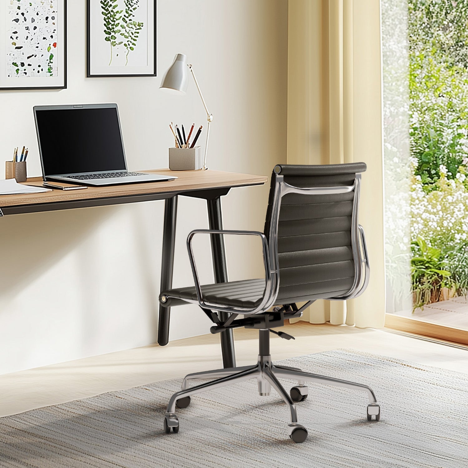 Cottinch Ribbed Genuine Leather Office Chair, Adjustable Ergonomic Computer Chair for Home Office Use