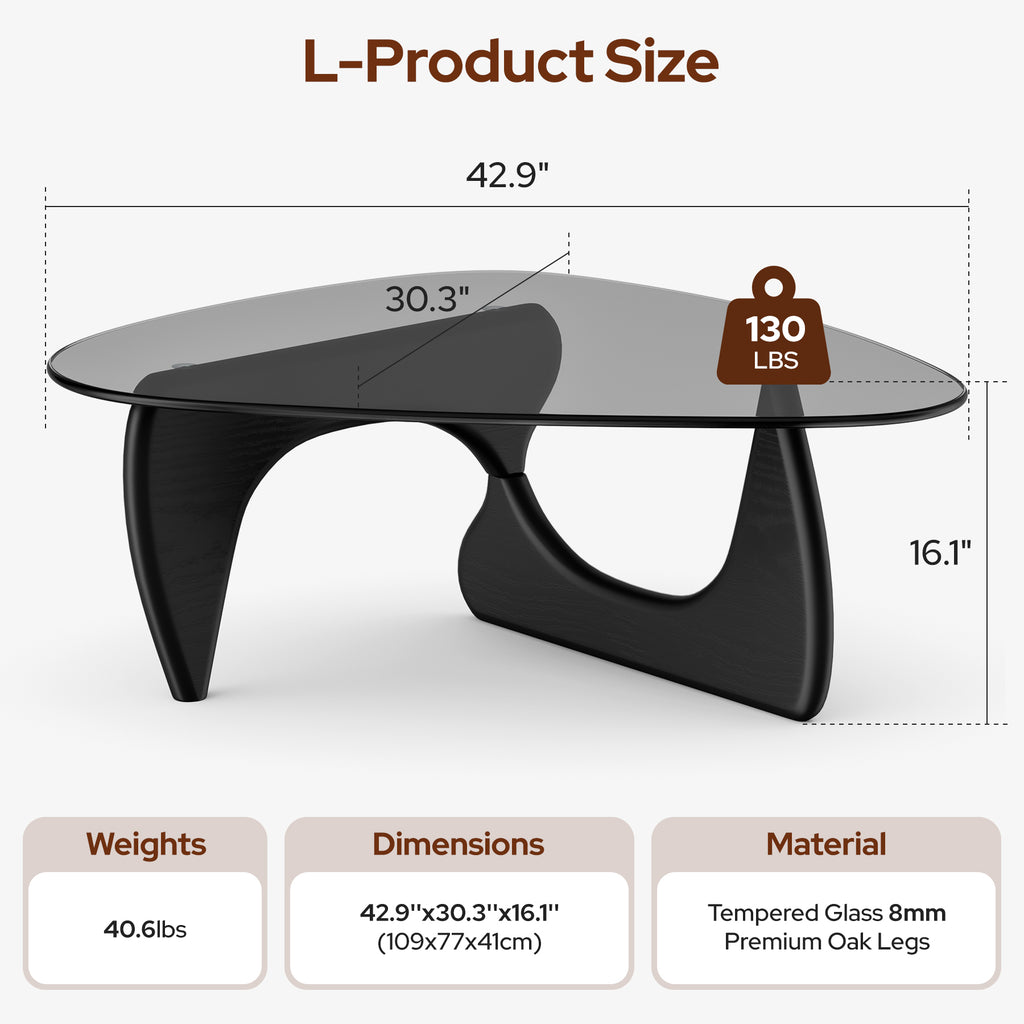 Modern Glass Coffee Table, Tempered Glass Top Center Table with Wood Base for Living Room Bedroom Office
