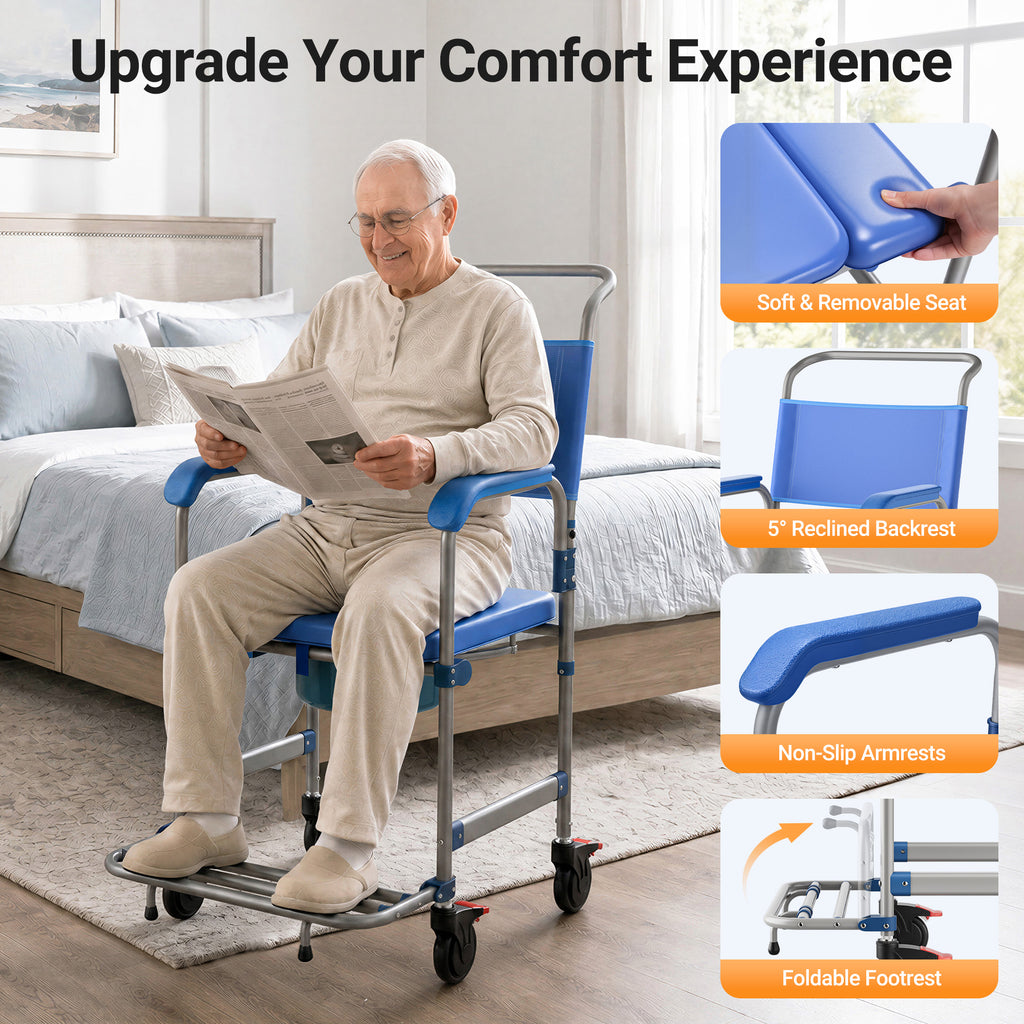 Morrean Bedside Commode, Rolling Transport Chair Lockable Wheelchair Bedside Toilet Seat, 6.3QT Removable Bucket and Splash Guard, 330lbs Load