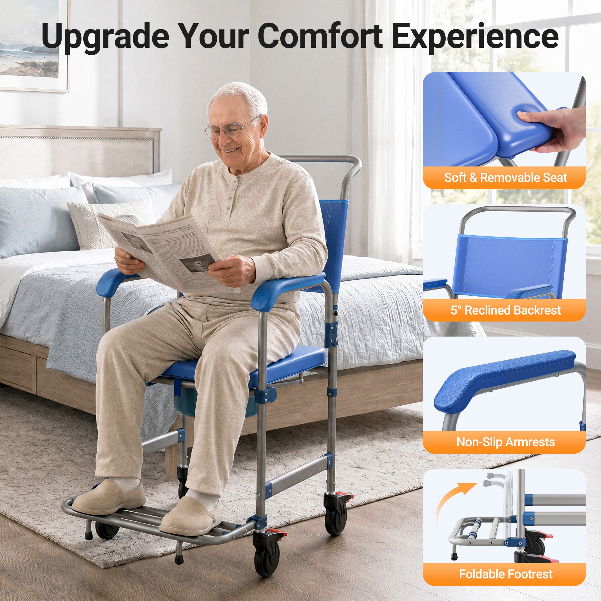 Morrean Bedside Commode, Rolling Transport Chair Lockable Wheelchair Bedside Toilet Seat, 6.3QT Removable Bucket and Splash Guard, 330lbs Load